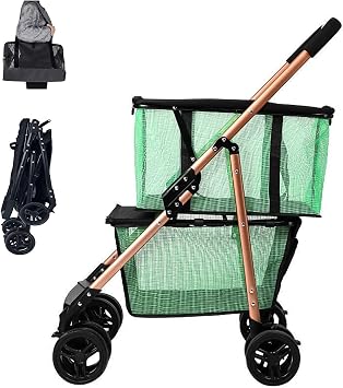 2-in-1 Folding Cart with Swivel Wheels 55 lbs Green Mesh + Gold Frame