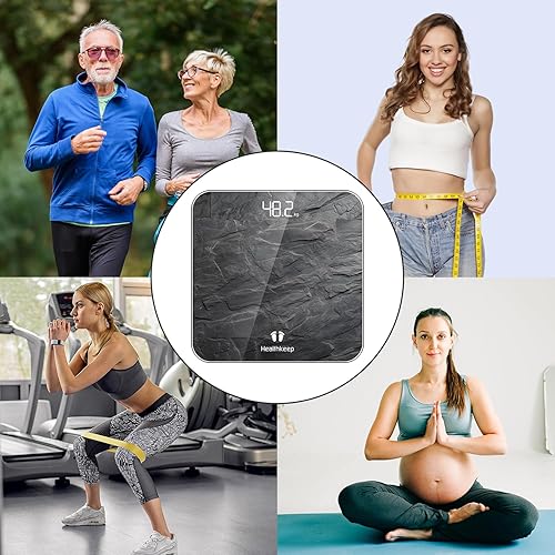 Miniatura 7 de Healthkeep Báscula digital de baño, alta precisión, con tecnología Step-On, pantalla LED, diseño delgado, máx. 180 kg400 lb, gris jaspeado