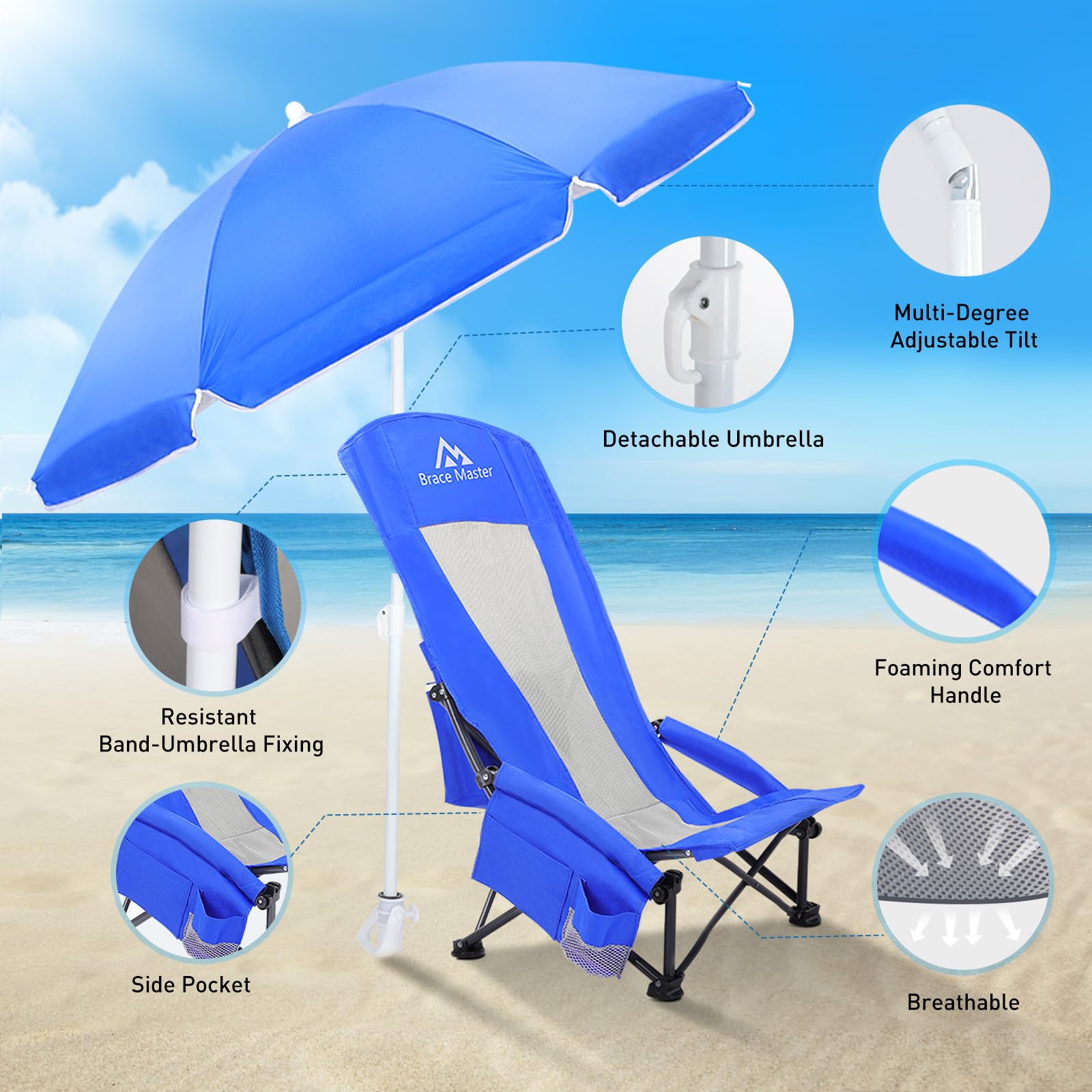Brace Master 2 Pcs Sedia da Spiaggia con 2 ombrelloni, Sedia da campeggio con Portabicchieri, Dispositivo di Raffreddamento E borsa per Telefono per Giardino Campeggio Spiaggina(Blu)