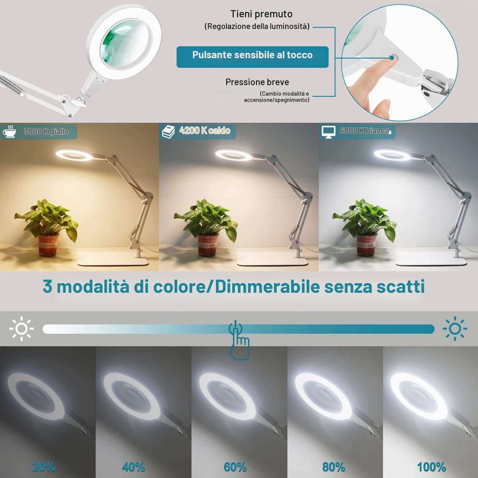 Lente d'Ingrandimento da 15X con Luce, Controllo Tattile, Lampada da Scrivania con Ampia Base e Morsetto, 3 Modalità di Colore Regolabili, Lente d'Ingrandimento con Luce per Hobby e Passatempi, Bianco