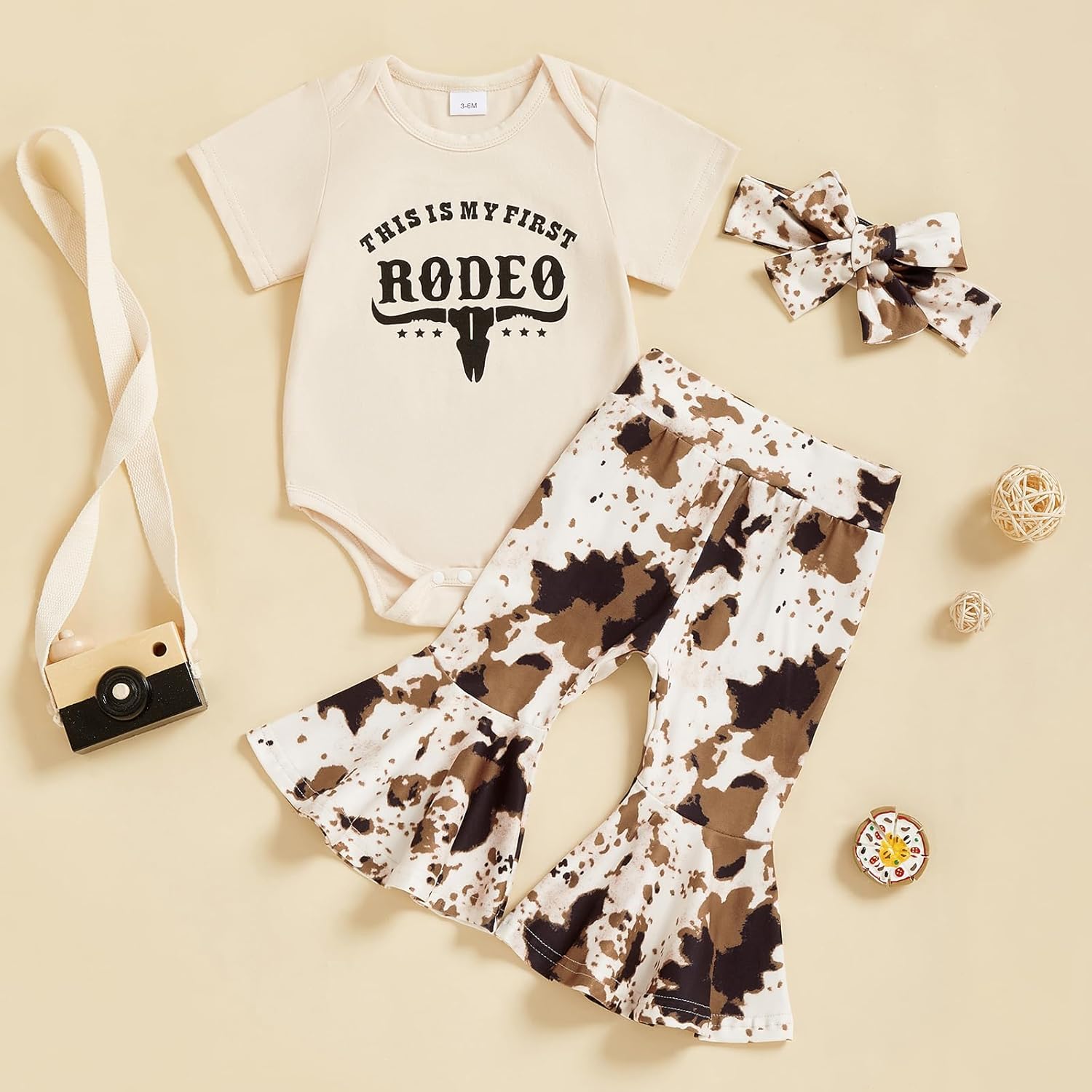 Newborn Baby Girl Western Outfits My First Rodeo Romper Cow Print Flared Pants Set Cowgirl Country Clothes - Image 6