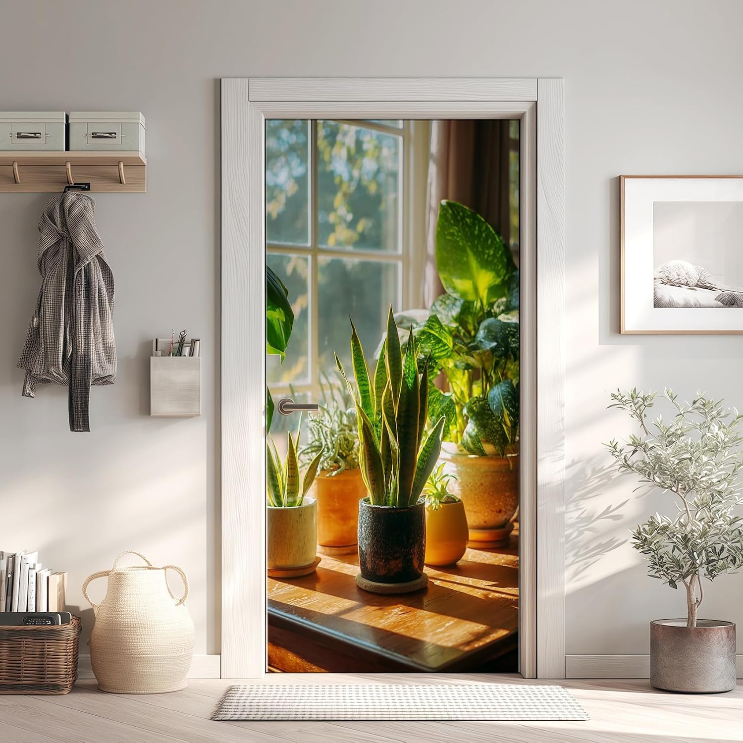 Sticker Porte Plantes Vertes, Stickers Porte Trompe L'oeil Plante en Pot Autocollant Poster Auto-Adhésif Art Décor Pour Chambre Salon Salle de Bain Papier Peint 95x215 cm