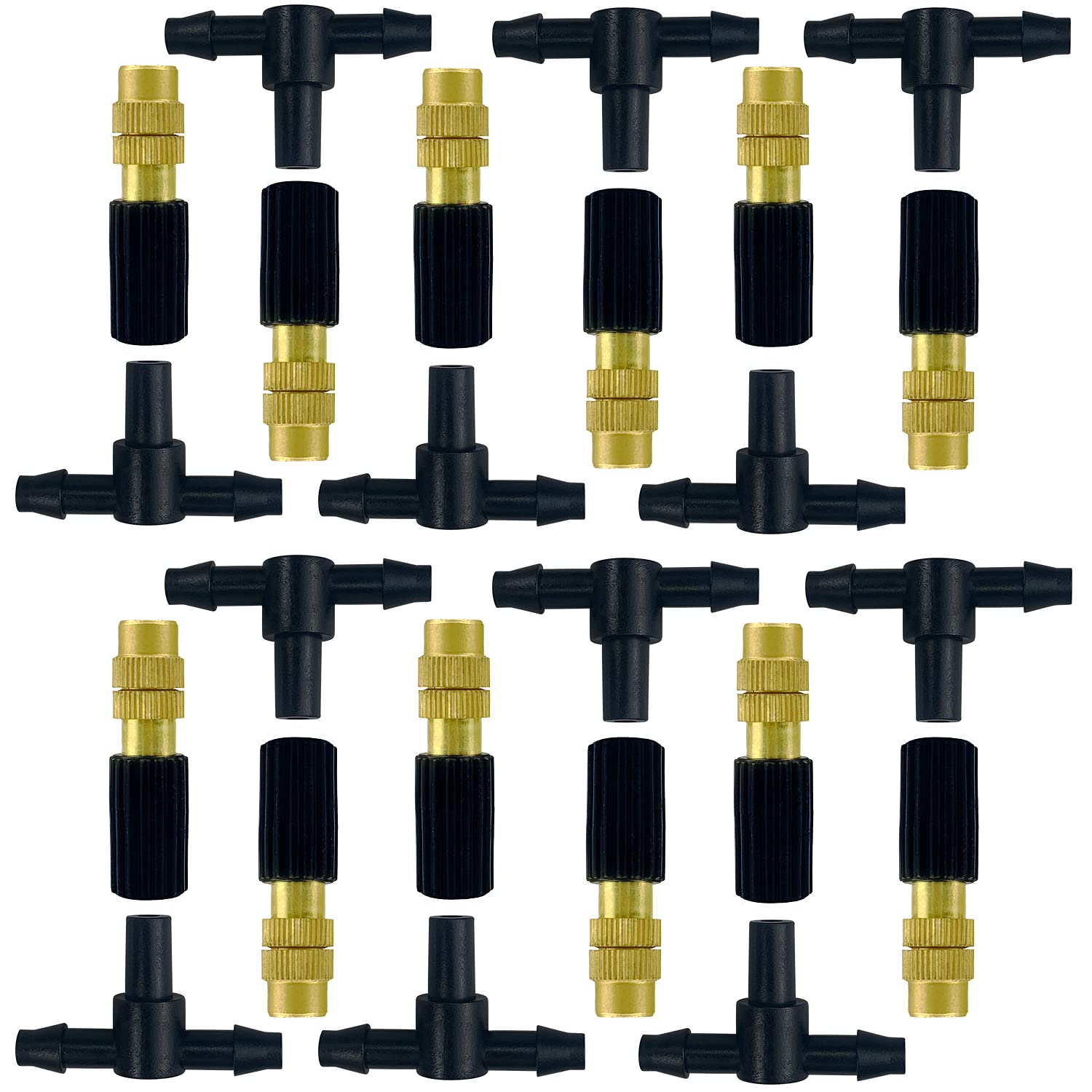12 PCS Adjustable Brass Misting Spray Nozzles, Atomizing Sprinklers, Copper Atomizing Nozzle, with 12 Tee Irrigation Misting Drip Kit, for Garden Watering Greenhouse Seedlings Irrigation