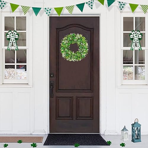 Miniatura 6 de TURNMEON Decoración del día de San Patricio corona de tréboles para puerta delantera 20 luces cálidas trébol funciona con pilas corona artificial de