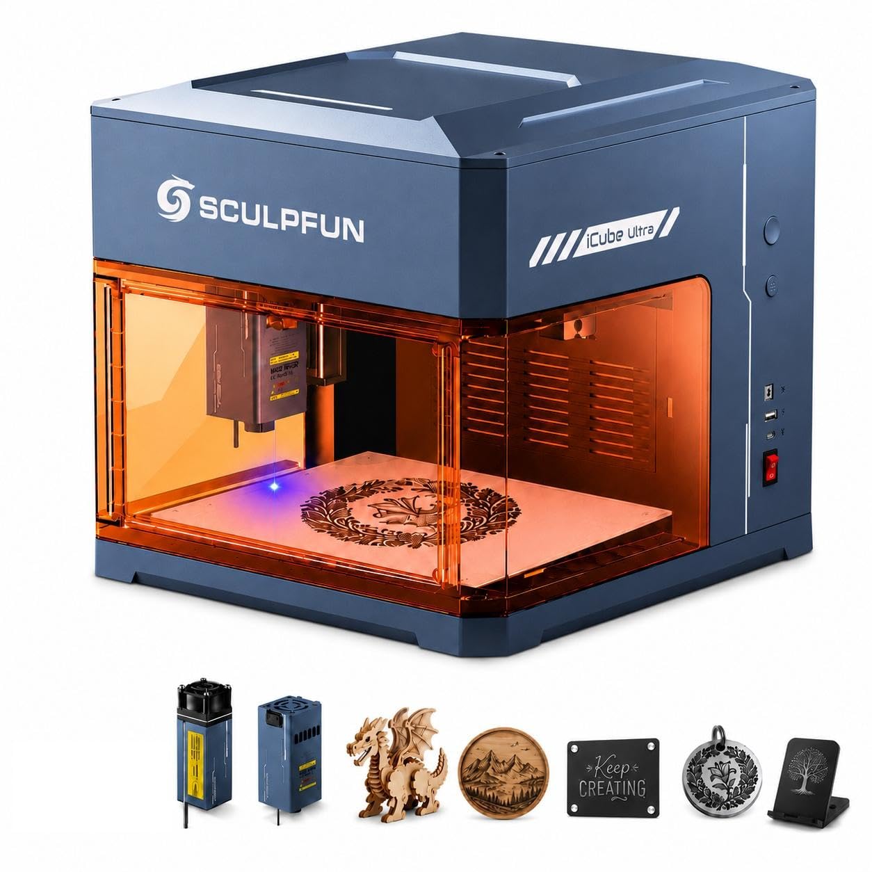 SCULPFUN iCube Ultra Dual Mini Maszyna do grawerowania laserowego, 12 W diody + 1,2 W na podczerwień, przenośny grawer laserowy, APP SCULPFUN, zamknięta maszyna do cięcia laserowego z filtrem dymu