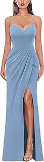 Womens Sexy Formal Ruched Fitted High Slit Bodycon Maxi Dress Spaghetti Strap Sweetheart Cocktail Prom Evening Gown