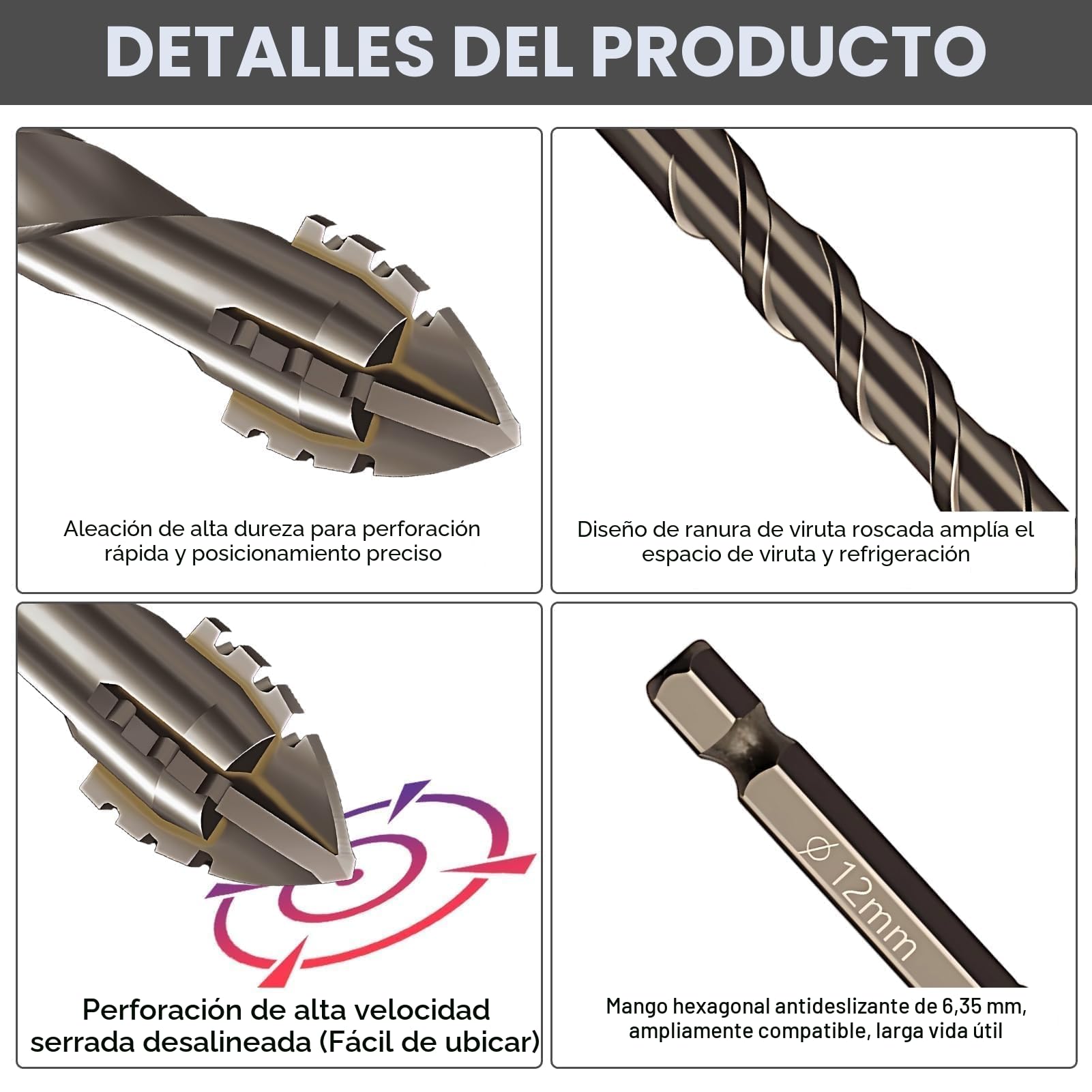 6PCS Brocas Porcelanico, Juego de Brocas Profesional 4/5/ 6/8/ 10/12 mm Broca para Azulejos Aleación de Acero de Tungsteno para Vidrio, Hormigón, Cerámica, Metal, Madera