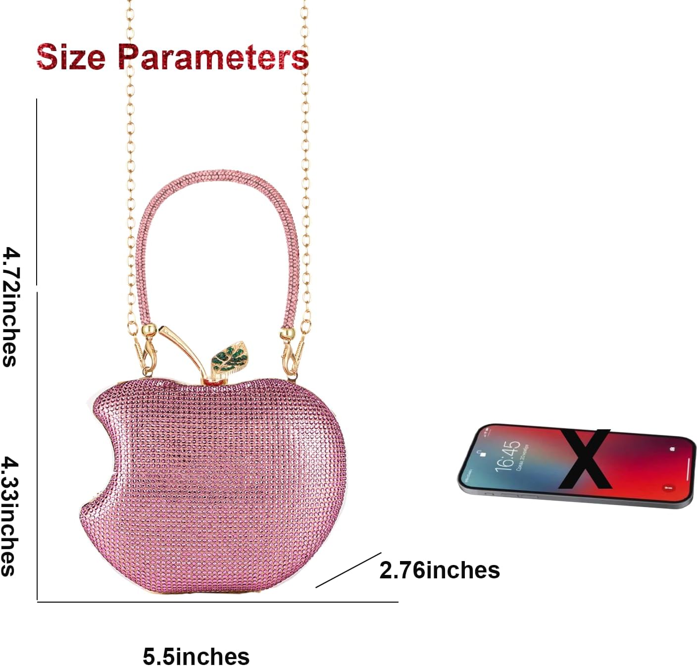 Rhinestone Apple-Shaped Evening Clutch Purse for Women, Crossbody Bag with Detachable Chain