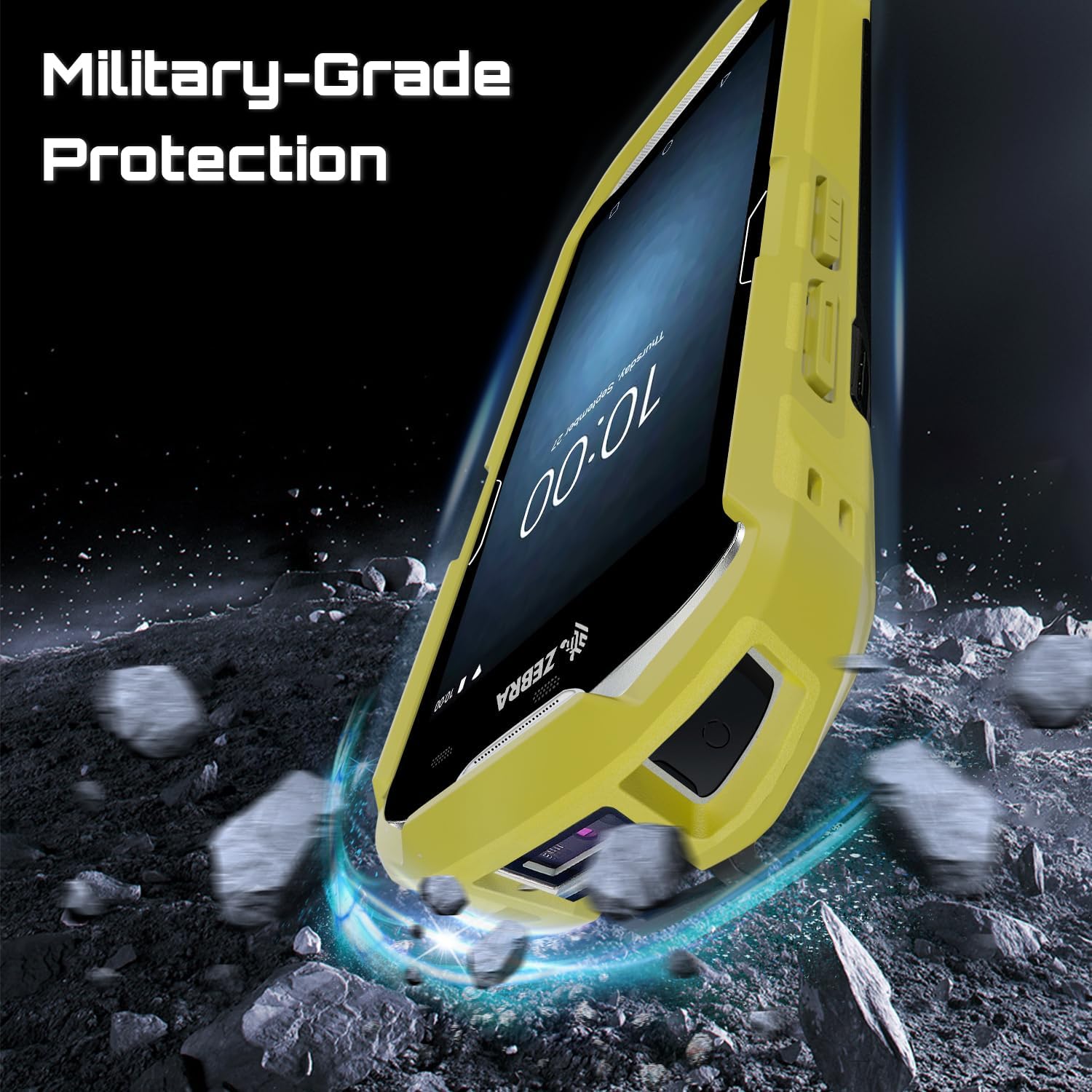 Image of a hand holding a Zebra scanner in the yellow protective case with the hand strap, emphasizing secure handling.