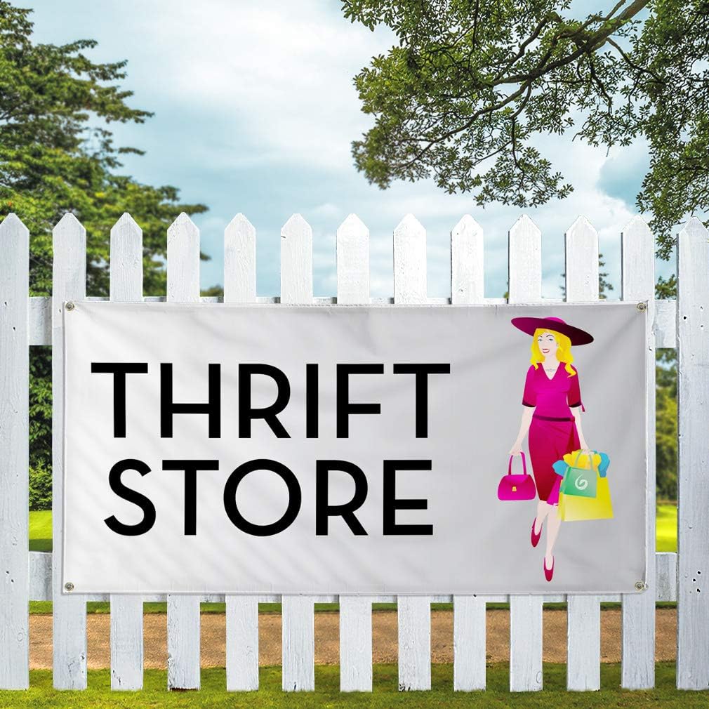 Vinyl Banner Multiple Sizes Thrift Store Business F Business Outdoor Weatherproof Industrial Yard Signs White 4 Grommets 24x36Inches
