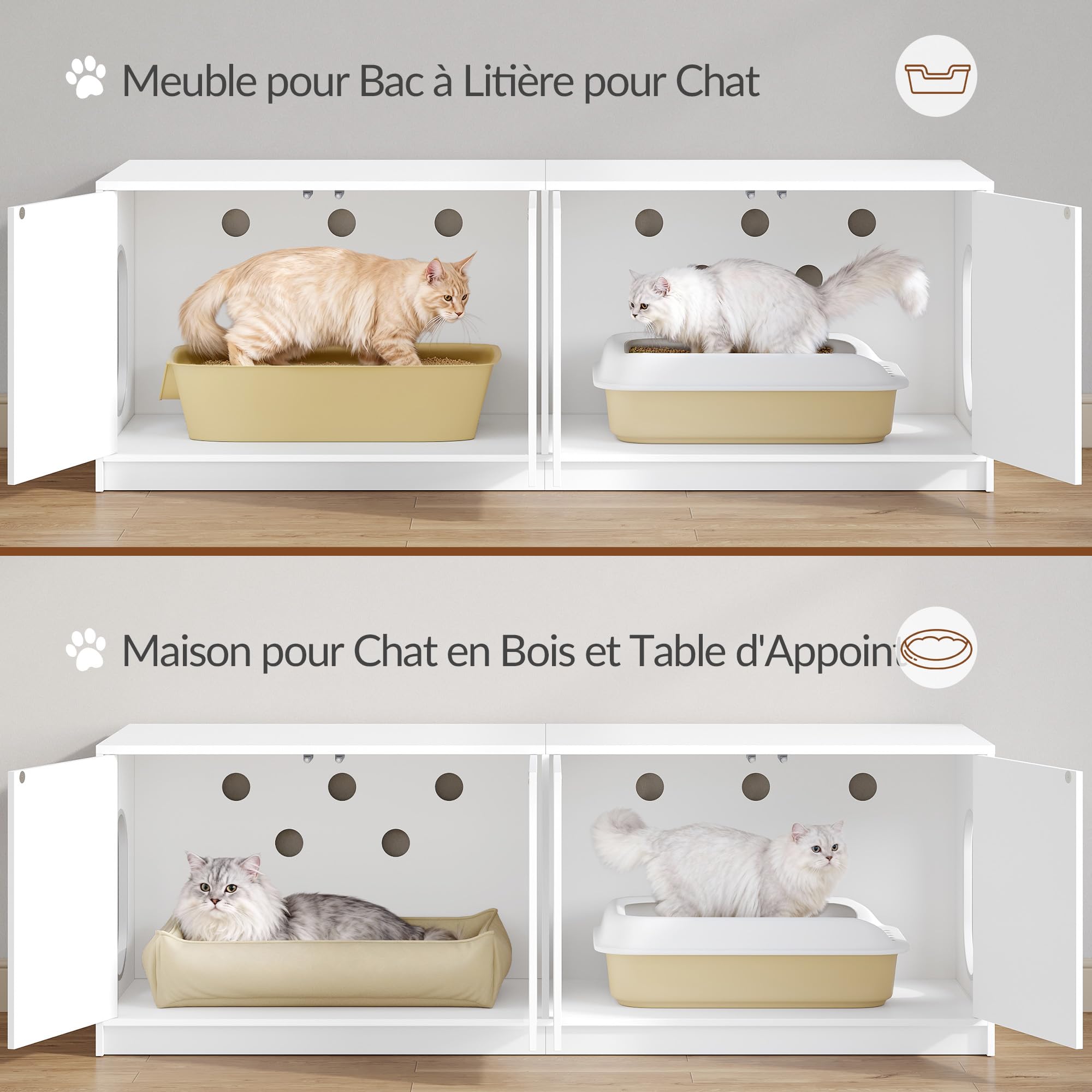 Meuble Litiere pour 2 Chats, 120 x 50 x 51,5 cm, Blanc