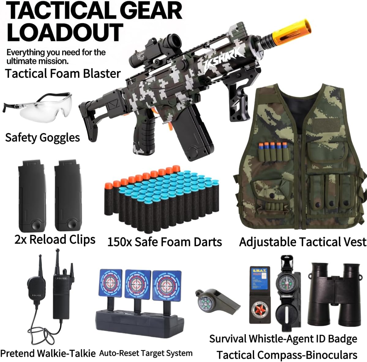Automatic Toy Gun, Foam Dart Blaster Set with Tactical Vest & Target, Soldier Role Play Gifts for Boys 8-12
