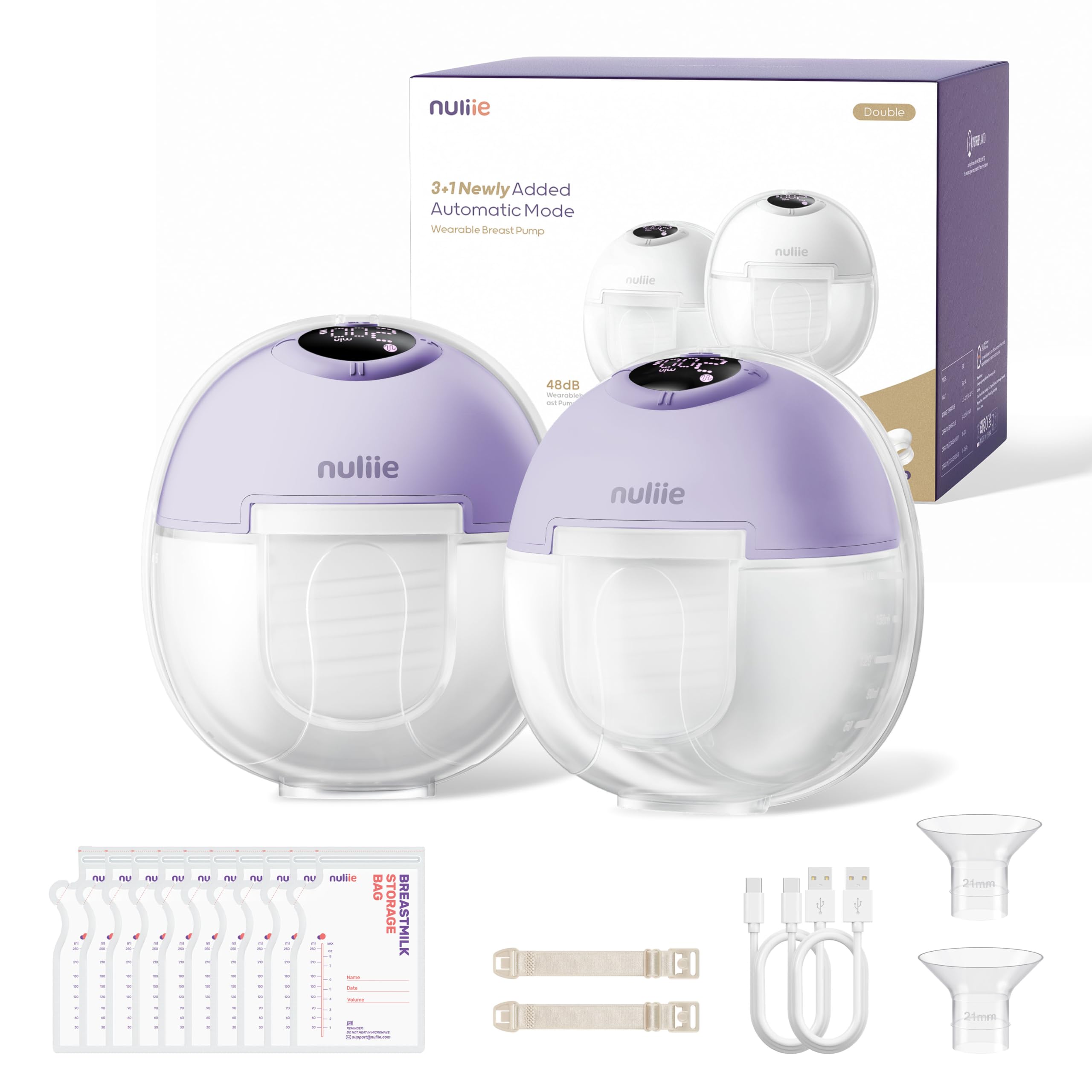 Nuliie Tiralatte elettrico a mani libere S32, tiralatte portatile indossabile, 4 modalità, 9 livelli, flangia comoda da 24 mm, accessori sostituiti inclusi (2 confezioni, viola)