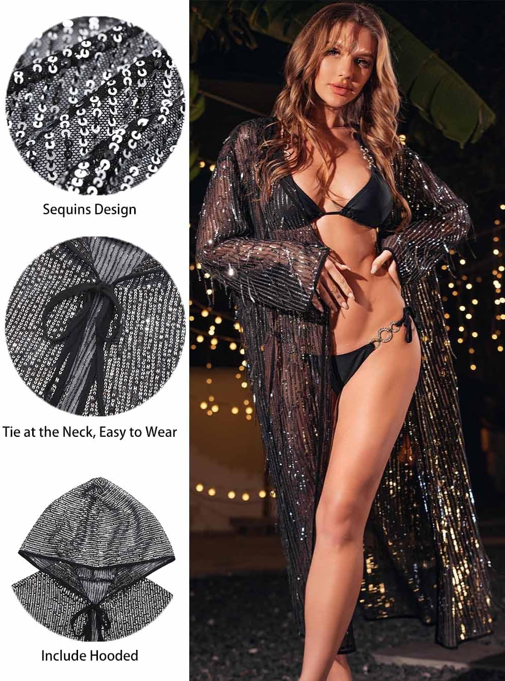 Unicra Hooded Cape with Sequins Jacket Disco Robe Black Halloween Cloak Party Cape Cosplay Festival Costume for Women and Men