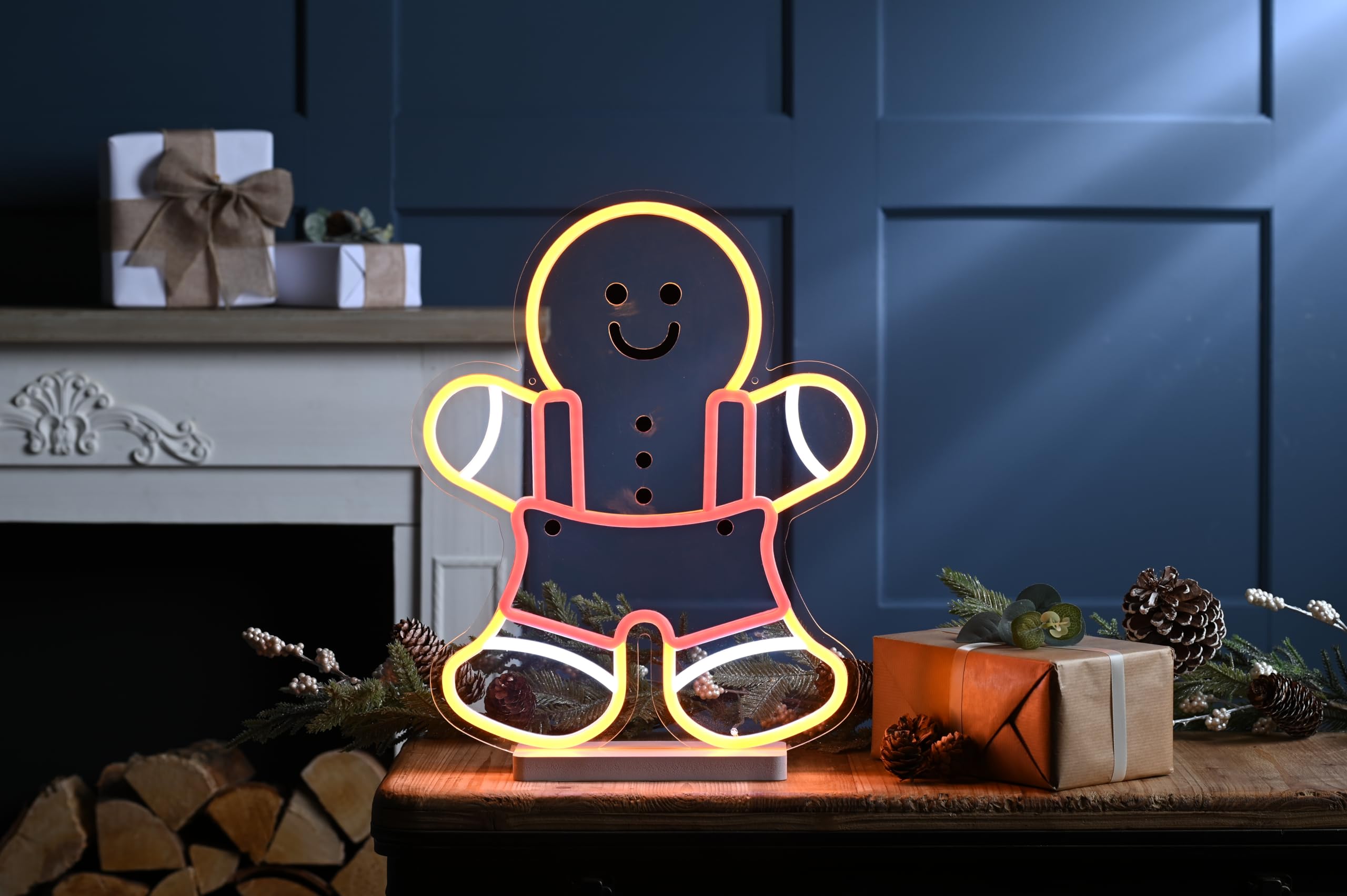 Festive Productions 42cm Gingerbread Man Neon Flex Light Sign – LED Christmas Decoration with Multicolour Glow – Indoor Plug In Gingerbread LED Figure