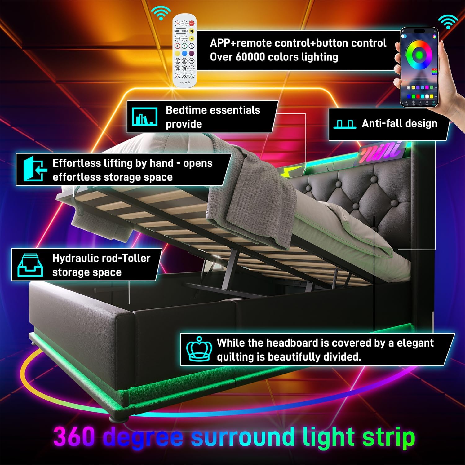 Twin Size Lift up Storage Platform Bed with 360 Degree Surround LED Light, Bedroom Upholstered Hydraulic Smart Bed Frame, No Noise, No Spring Mattress Required, Easy to Assemble (Black, Twin)