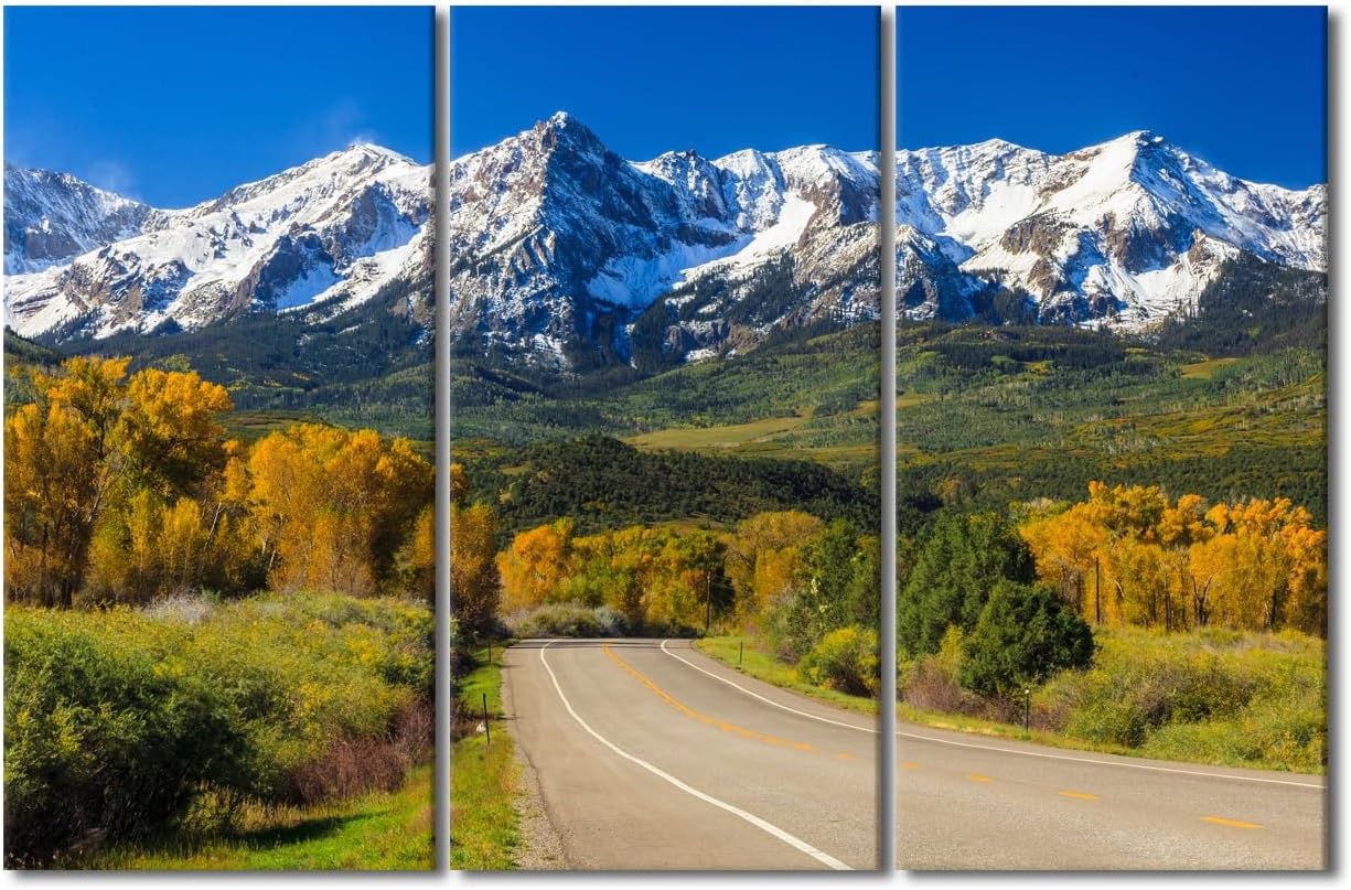3 Pieces Countryside Road in Colorado Canvas Wall Art Fall Season Home Decor for Living Room Mountian Wall Decor Modern Artwork for Home Walls Stretched and Framed Ready to Hang (20x40 inch x3)