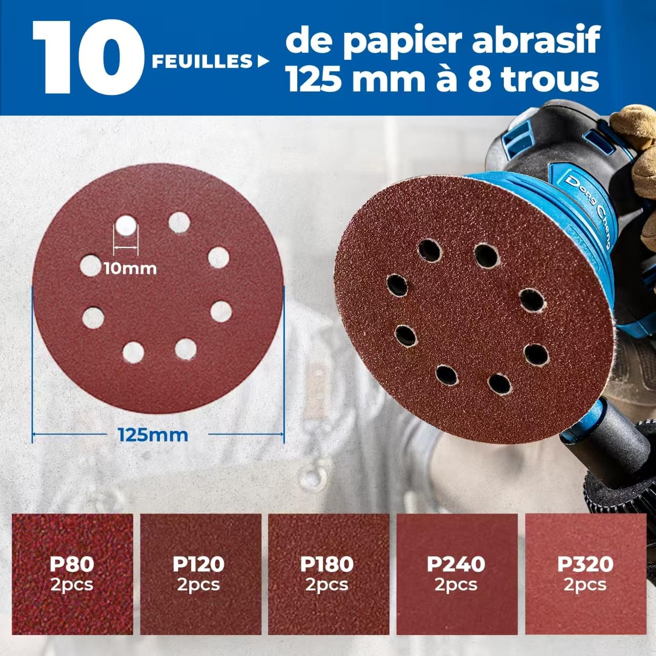 DongCheng Ponceuse excentrique 300 W, 125 mm, 6 vitesses, 4000-12000 tr/min avec dépoussiéreur et 10 types de papier de verre, Ponceuse orbitale aléatoire, idéale pour les travaux de bricolage