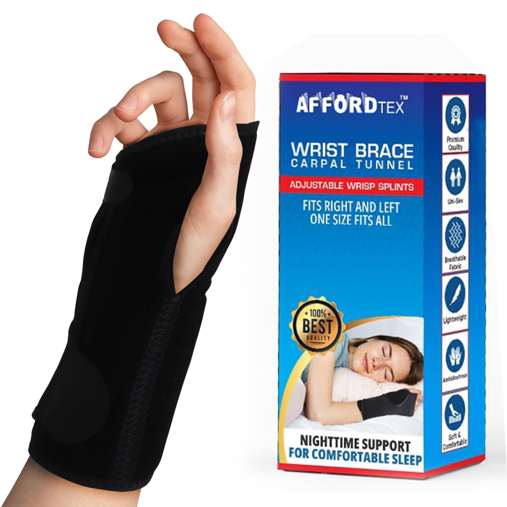 Carpal Tunnel Wrist Brace Night Support | Adjustable Wrist Support with Metal Splint | Beaded Cushion Palm Support | Hand Brace for Arthritis, Tendonitis, Sprain & Injuries | One Size Fits All, Left or Right Hand | Affordtex