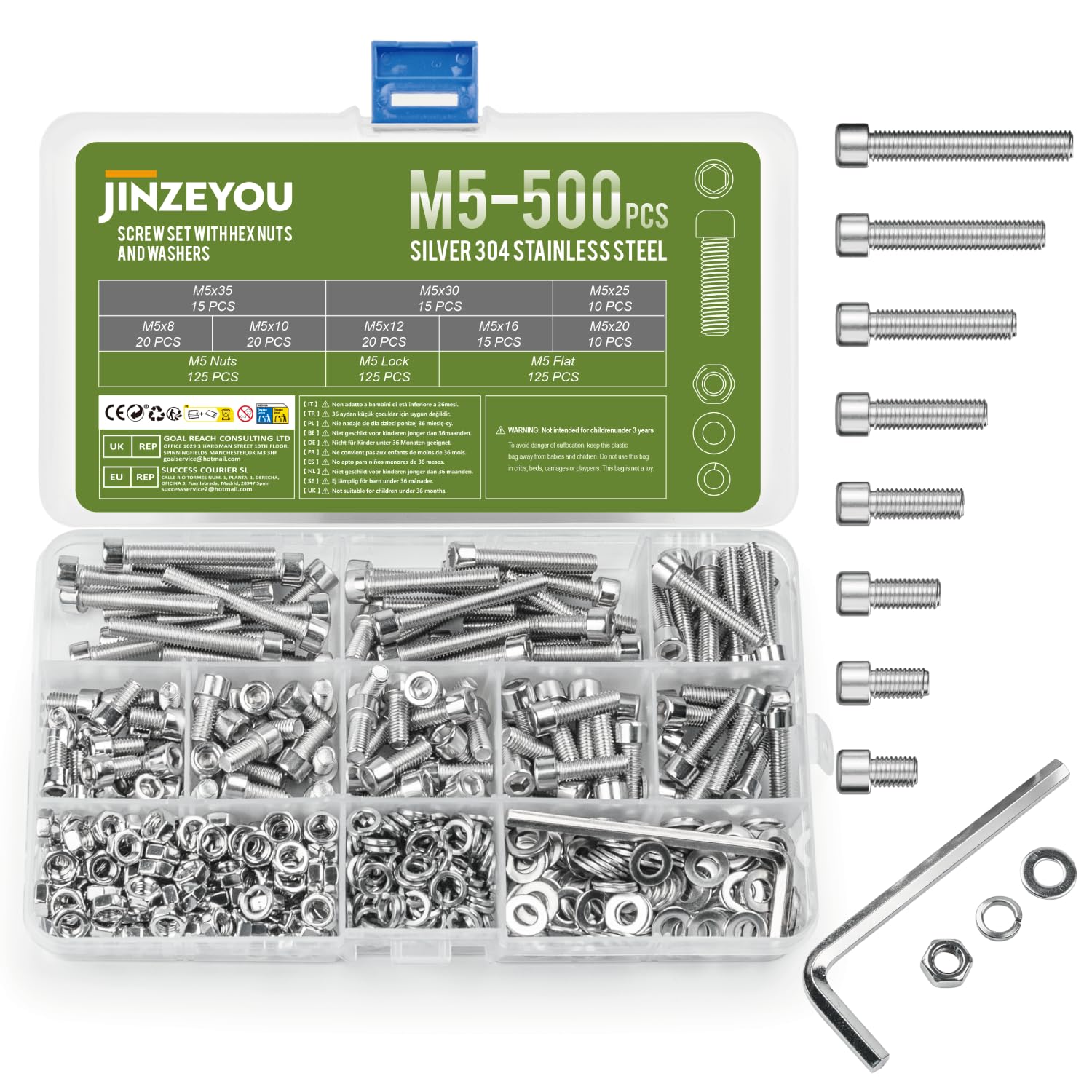 500 Pcs M5 Nuts and Bolts, Hex Socket Head Cap Screws Bolts and Nuts, Stainless Steel Machine Screws Bolts Set