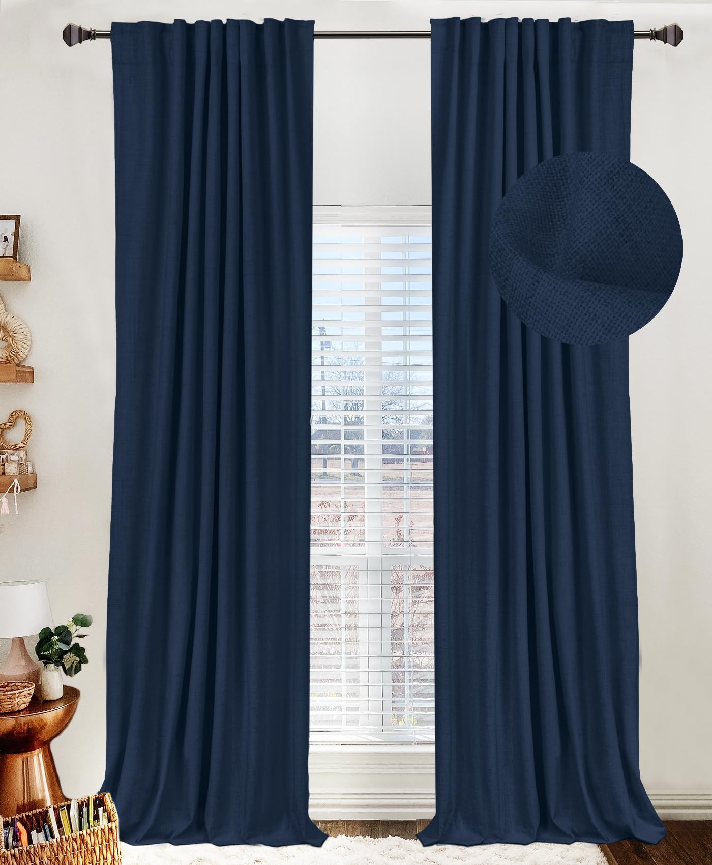 100% Blackout Shield Linen Blackout Curtains for Bedroom 102 Inches Long, Back Tab/Rod Pocket Living Room Drapes, Thermal Insulated Blackout Curtains 2 Panels Set, 50" W x 102" L, Midnight Blue — image 1