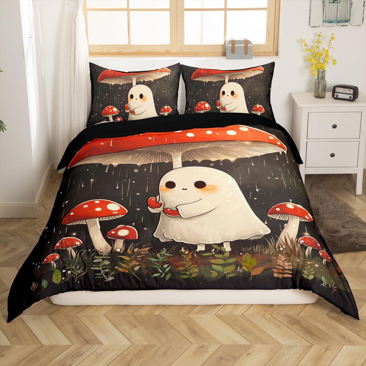 2 Pieces Cute Ghost Mushroom Duvet Cover Twin Size for Teens Youth,Watercolor Jungle Red Mushroom Botanical Comforter Cover,Halloween Night Cartoon Ghost Super Soft Bedding (Not Comforter)