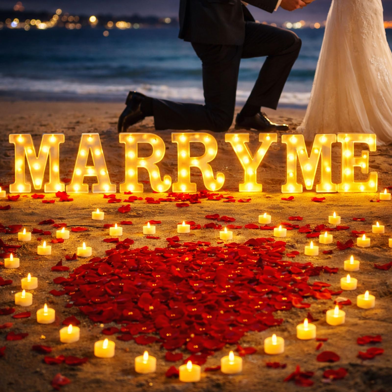 MeYuxg 2031 Stück MARRY ME Leuchtbuchstaben LED-Schild, MARRY ME-Schild mit 24 flammenlosen Herzkerzen, 2000 Rosenblättern für Heiratsantrag, Valentinstag, Verlobung, Hochzeit