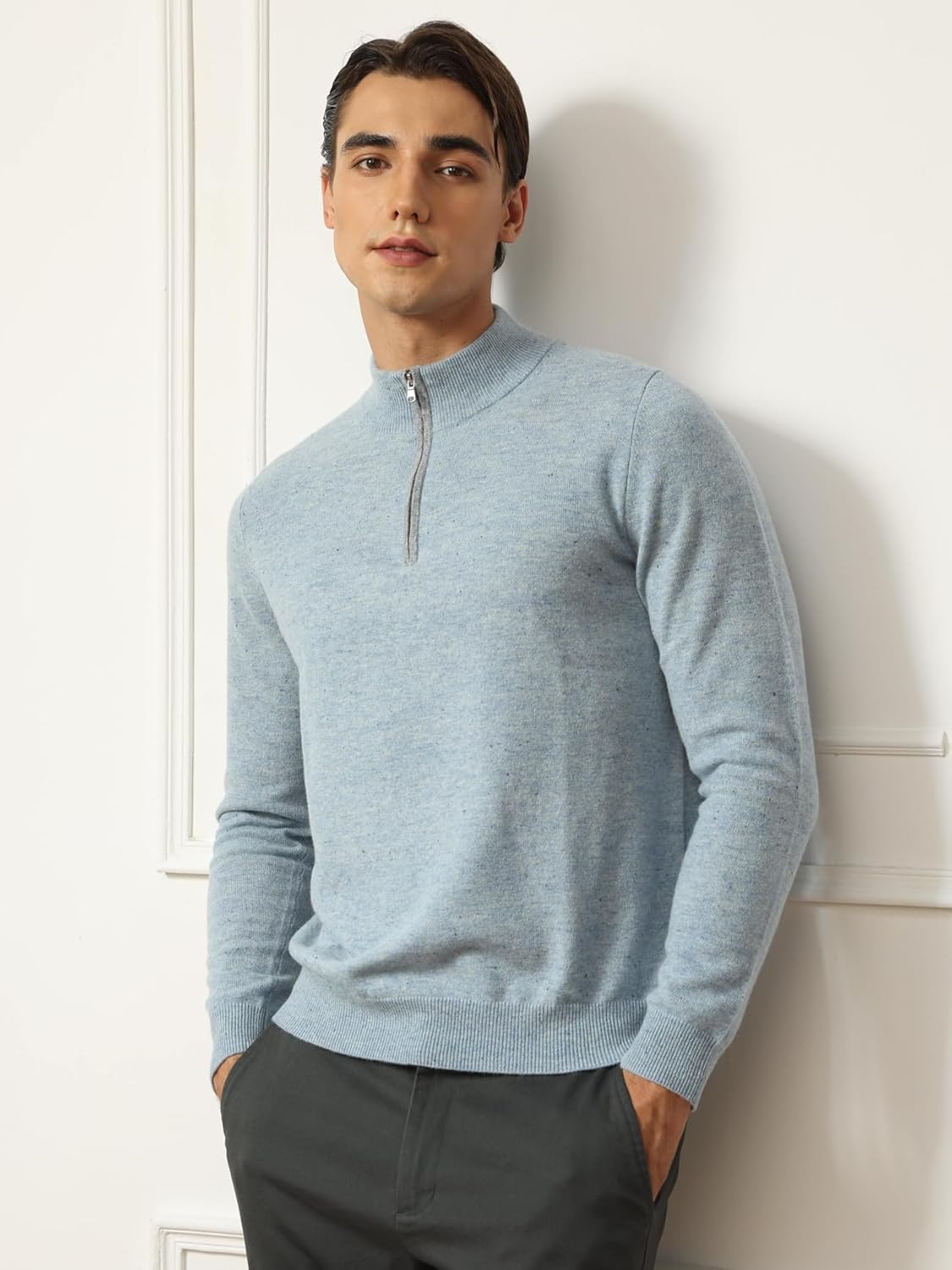Quarter-Zip 100% Merino Wool Sweater for Men Mock Neck Pullover Contrast Trim Casual Long Sleeve Knit Tops Streamer Size M - Image 2