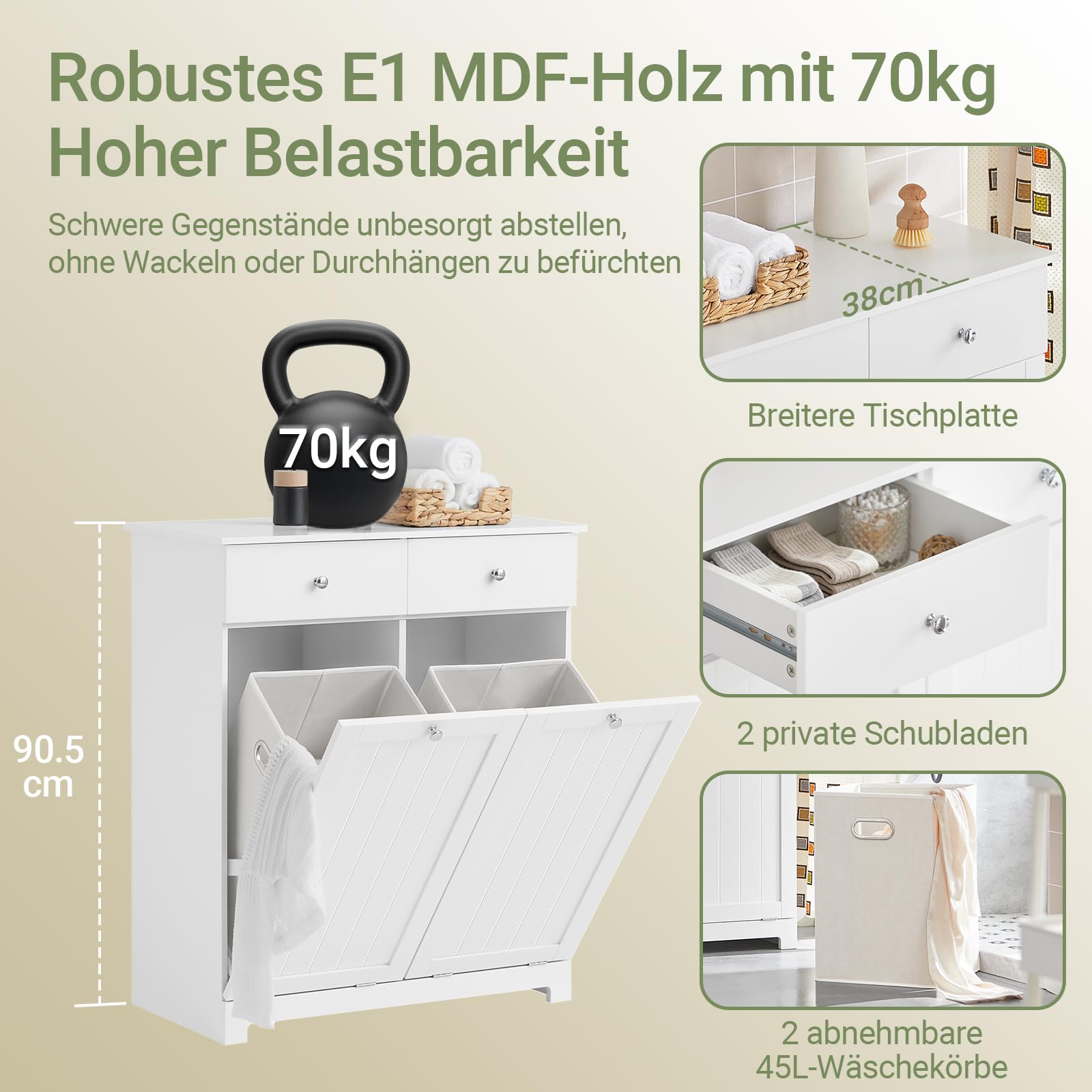 SoBuy Badezimmerschrank mit Wäschekorb 90L Kapazität 78x38x90 Badezimmer | Wäscheschrank mit 2 Wäschekippern, Wäschesammler Schrank robust für Waschküche MDF BZR33-II-W