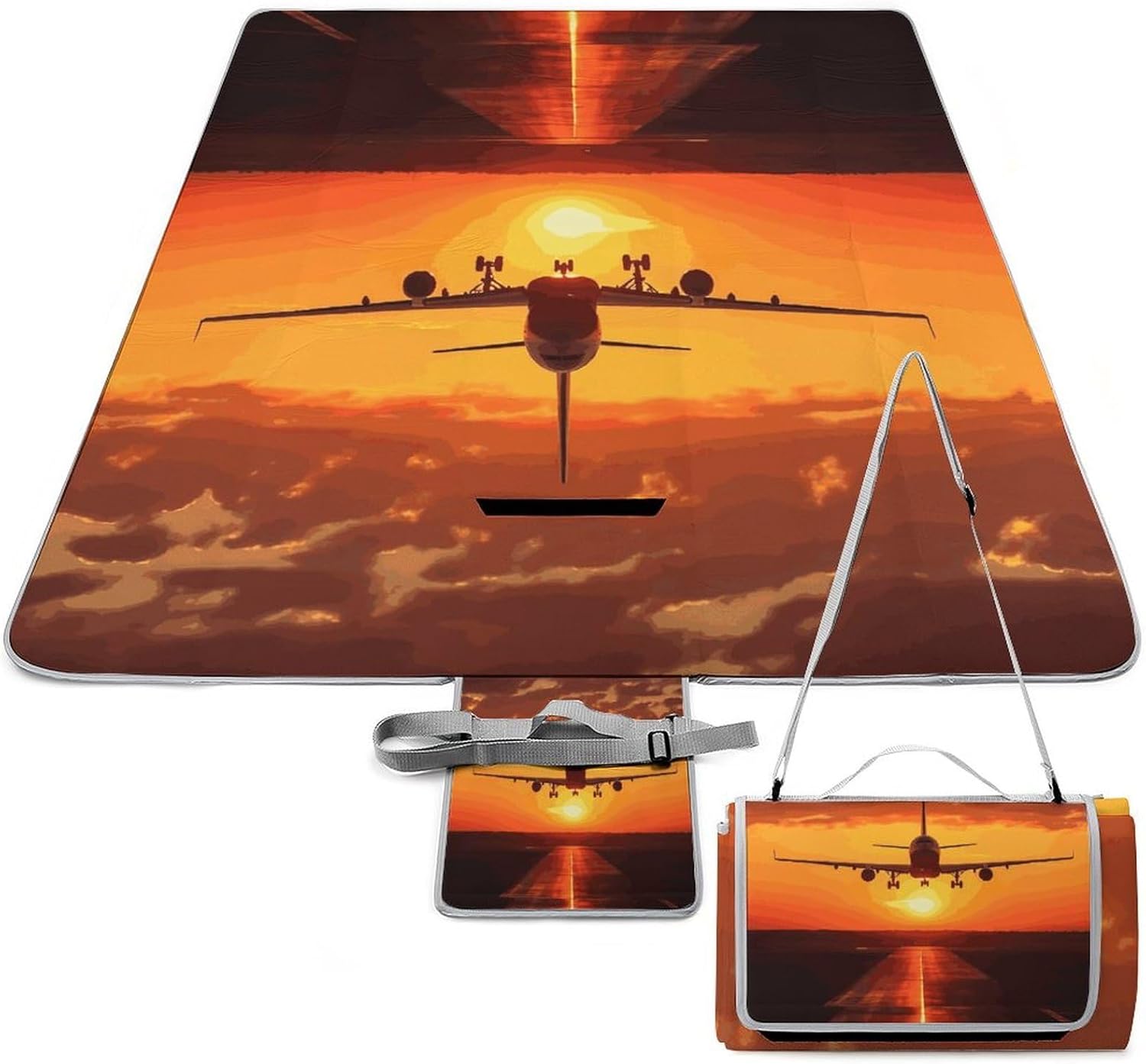 Airplane Sunset Waterproof Picnic Blanket 58.3''x58.3'',Portable and Foldable Picnic Mat with Handle,Outdoor Blankets for Lawn Park Beach Travel