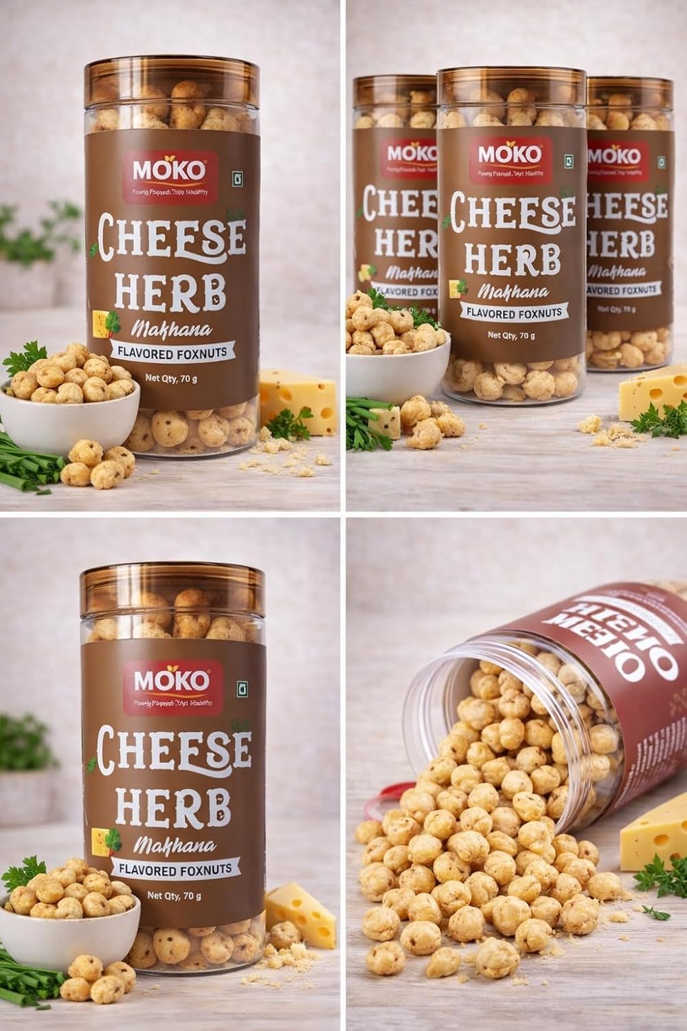 MOKO Cheese & Herb Makhana β Roasted Foxnuts Snack, Gluten-Free & High Protein, Healthy Lotus Seeds, Light & Crunchy Evening Snack, 70g 4