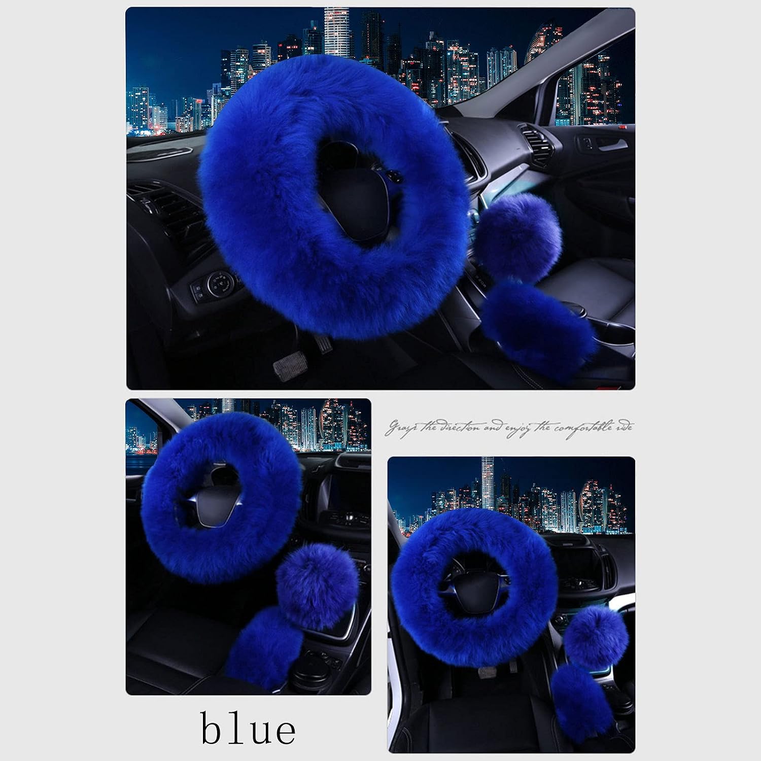 Vacallity 3 Pcs Fluffy Steering Wheel Covers, Universal Soft Comfortable Non-Slip Pure Wool Car Wheel Covers with Handbrake Cover Gear Shift Cover for Woman＆Girl, 15"(Blue)