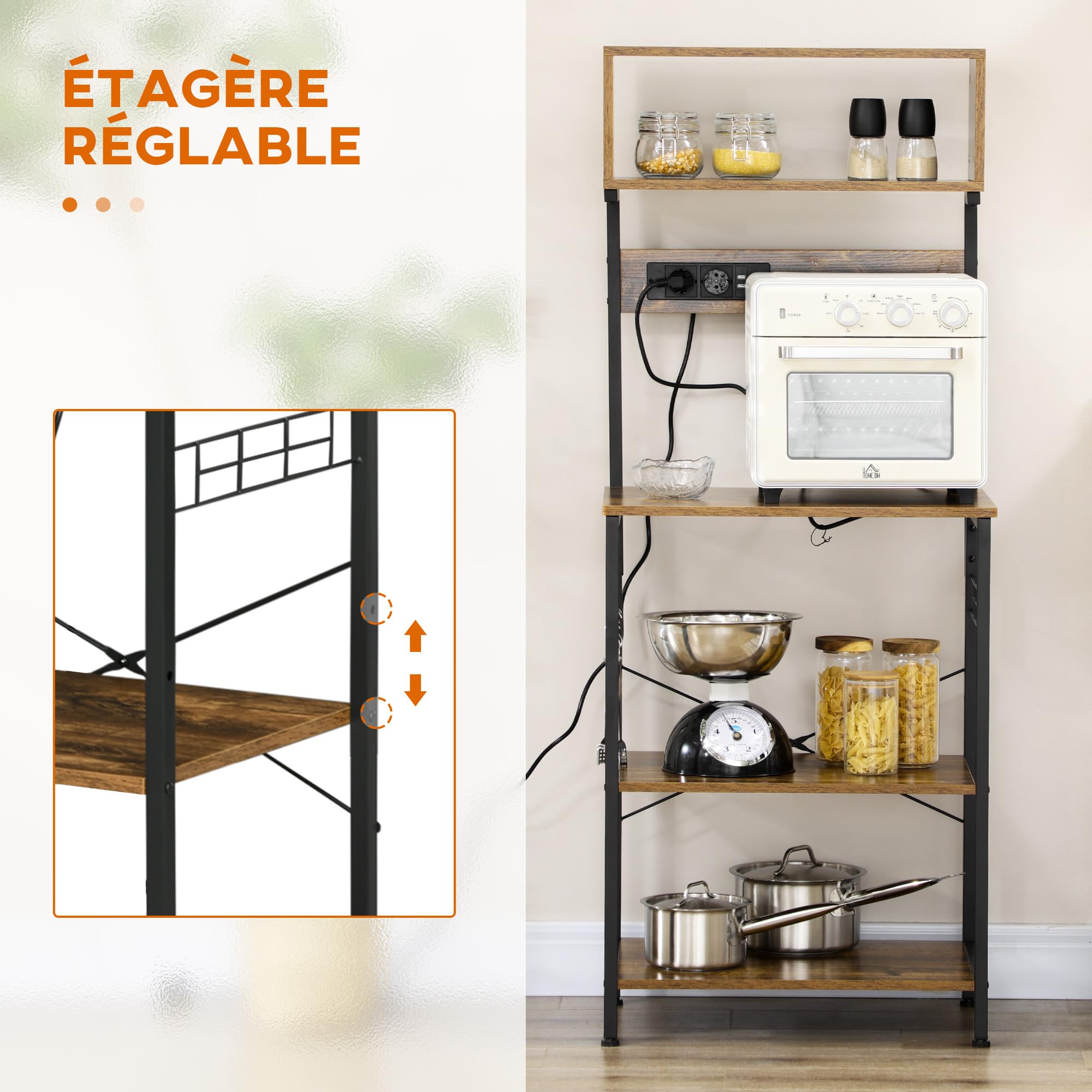 HOMCOM Étagère de Cuisine Support pour Micro-Ondes Meuble de Rangement Industrielle avec 2 Prises USB et Prise de Courant, 5 Crochets, Étagère Réglable, 60 x 42 x 153 cm, Marron Rustique