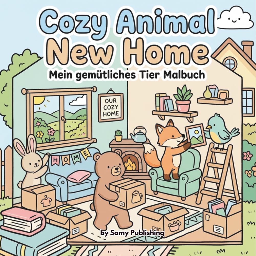Cozy Animal New Home – Mein gemütliches Tier Malbuch: 40 detailreiche Ausmalbilder mit süßen Tieren beim Umzug und Einrichten ihres neuen Zuhauses zum Entspannen für Jugendliche und Erwachsene