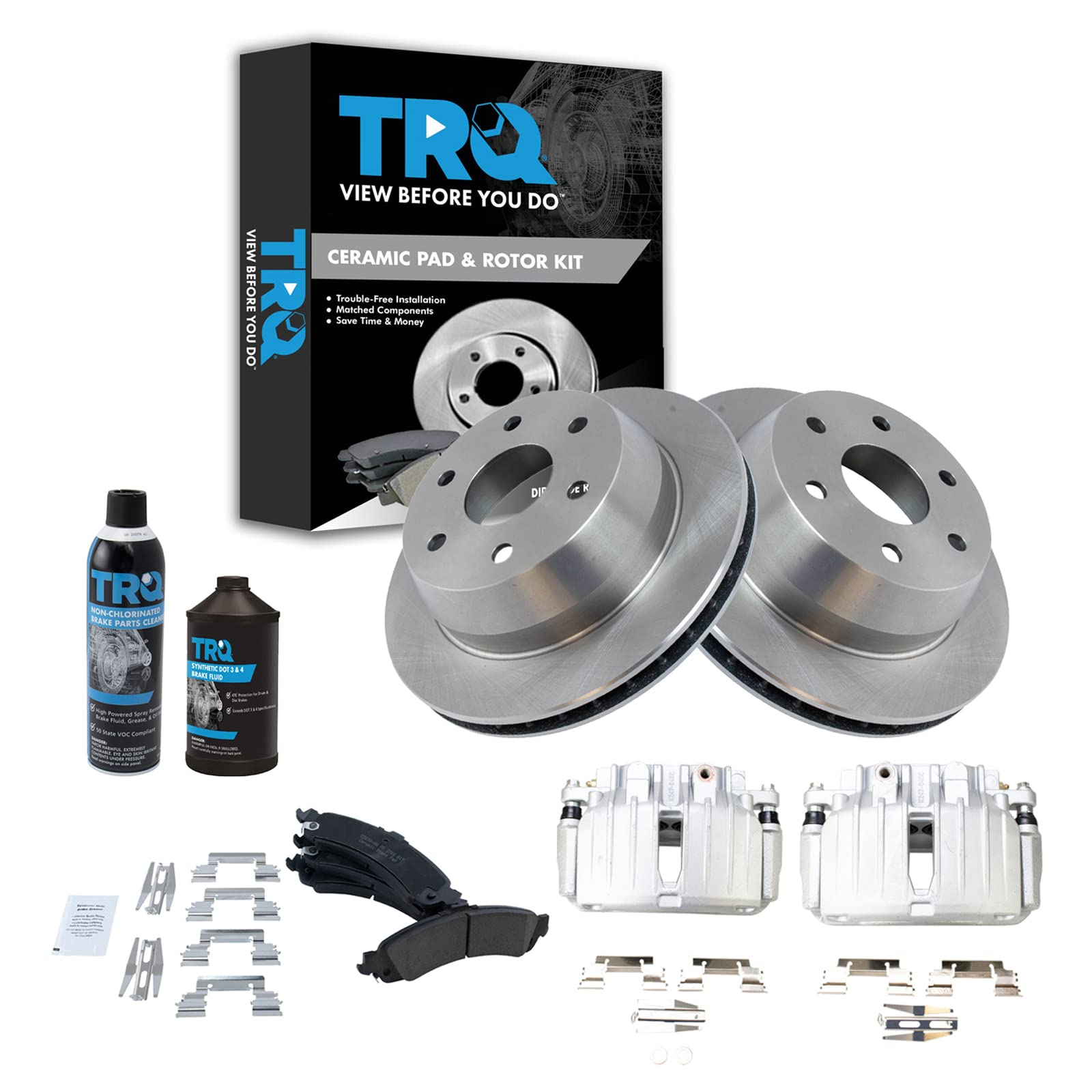TRQ Rear Brake Pad and Rotor Kit Ceramic Compatible with 02-06 Avalanche 1500 Escalade, Silverado, Tahoe Yukon XL 03-06 ESV, EXT Sierra 00-06 Suburban
