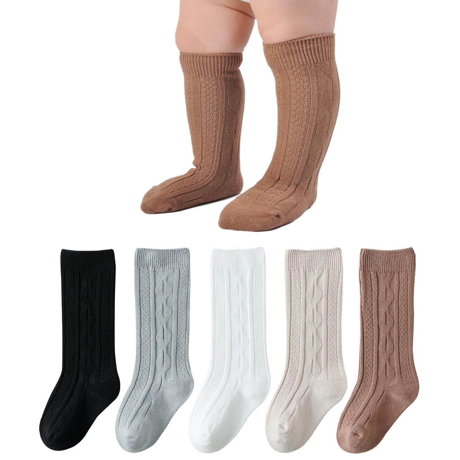 EPEIUS Baby Girl Socks Infant Baby Knee High Socks Seamless Cable Knit Socks for Boys 6-12 Months Uniform Socks Cotton Stockings Long Socks (Earth Set 5 Pack S)