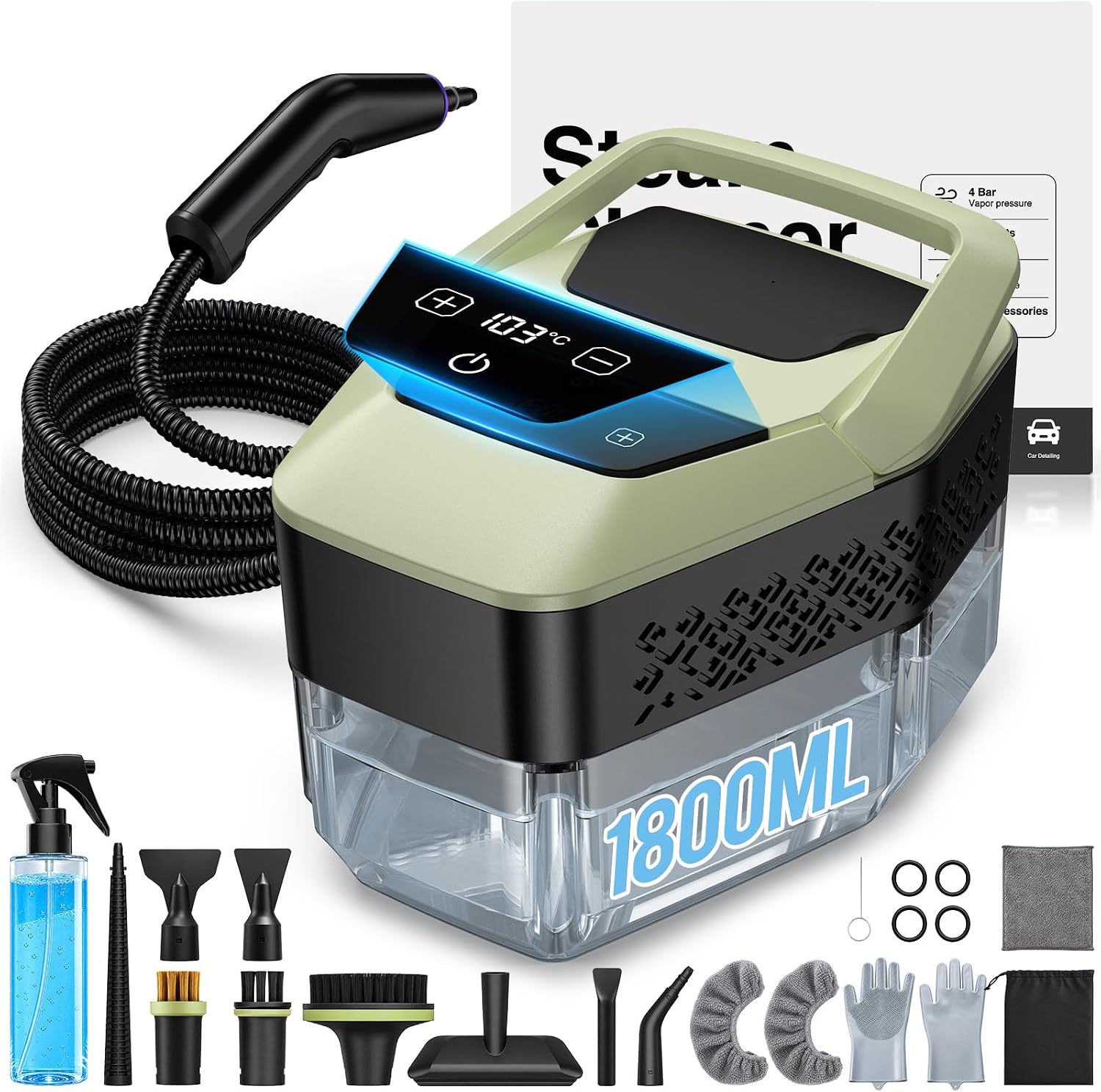 Handheld Steam Cleaner for Home, Steamer for Cleaning Temp Display 6-Level Adjustment 10s Heat-up 17 Accessories Grease Car Detailing Furniture Couch Upholstery Carpet Grout Tile (Green)