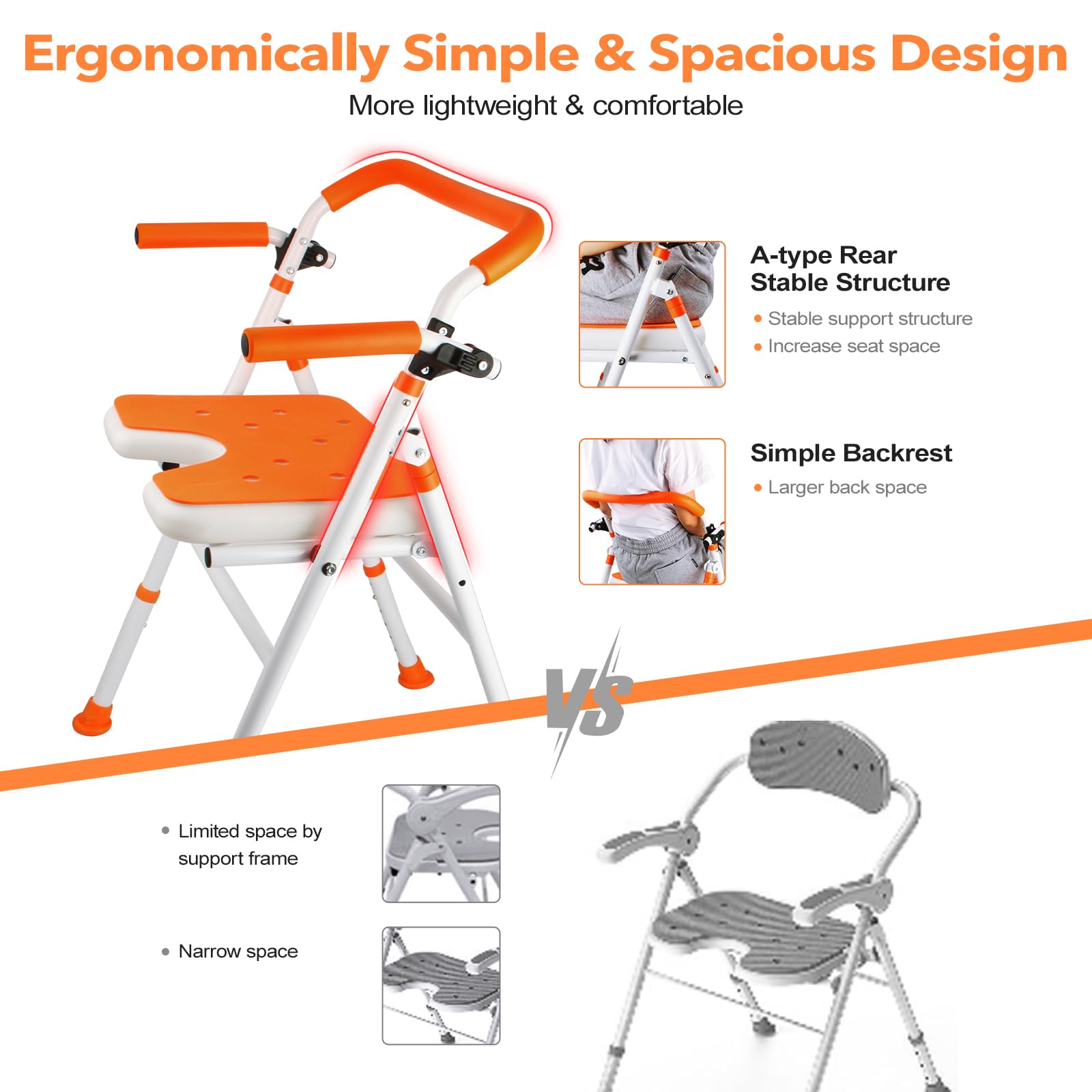 Silla de ducha plegable, asiento de ducha plegable para ducha interior, silla de ducha minimalista con brazos y altura de respaldo ajustable, silla de bañera de seguridad portátil para