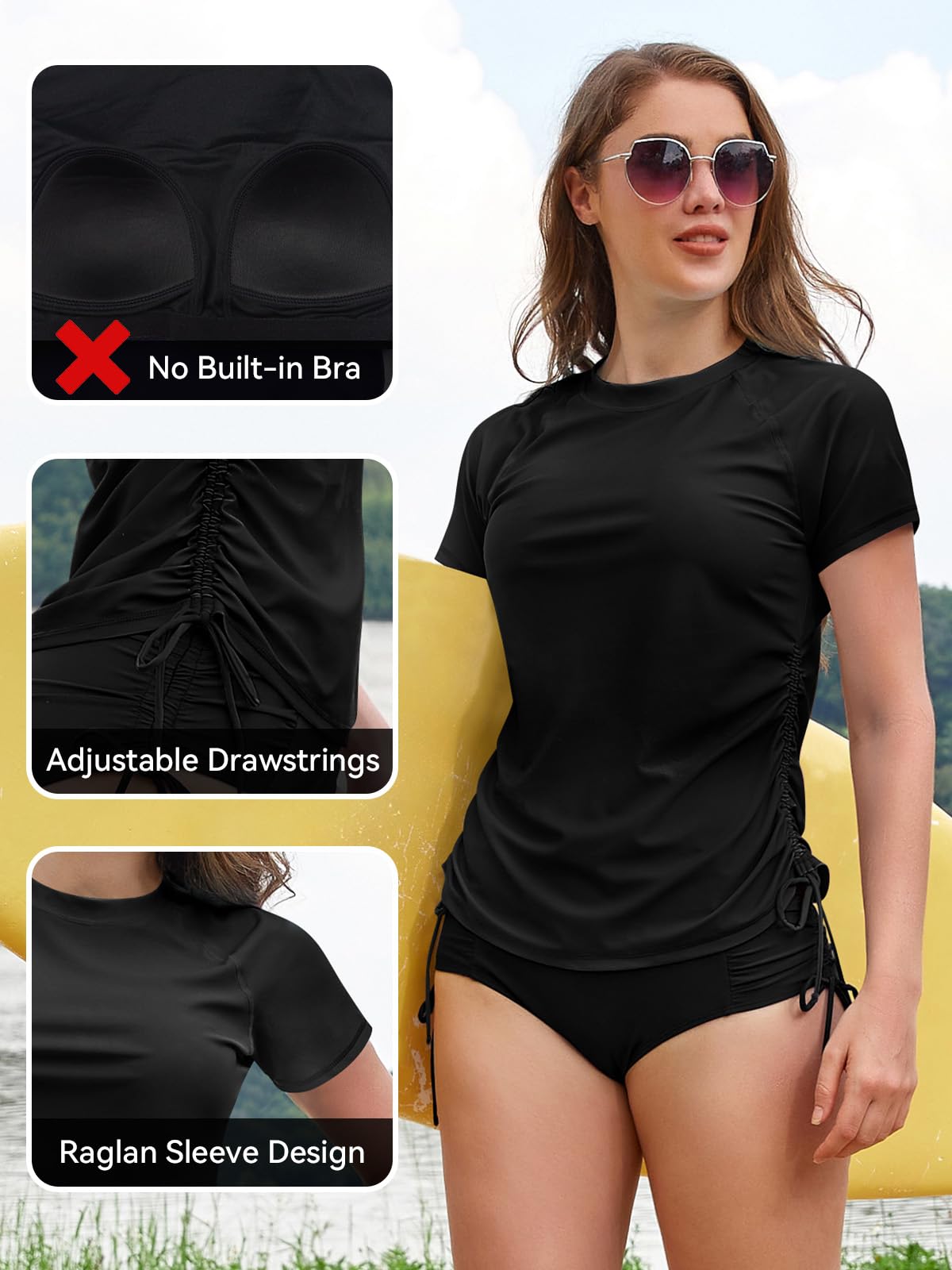 SHEKINI Haut de Maillot de Bain Femme à Manches Courtes Rashguard T-Shirt de Protection Solaire Tee Shirt Séchage Rapide Natation Surfing Shirts
