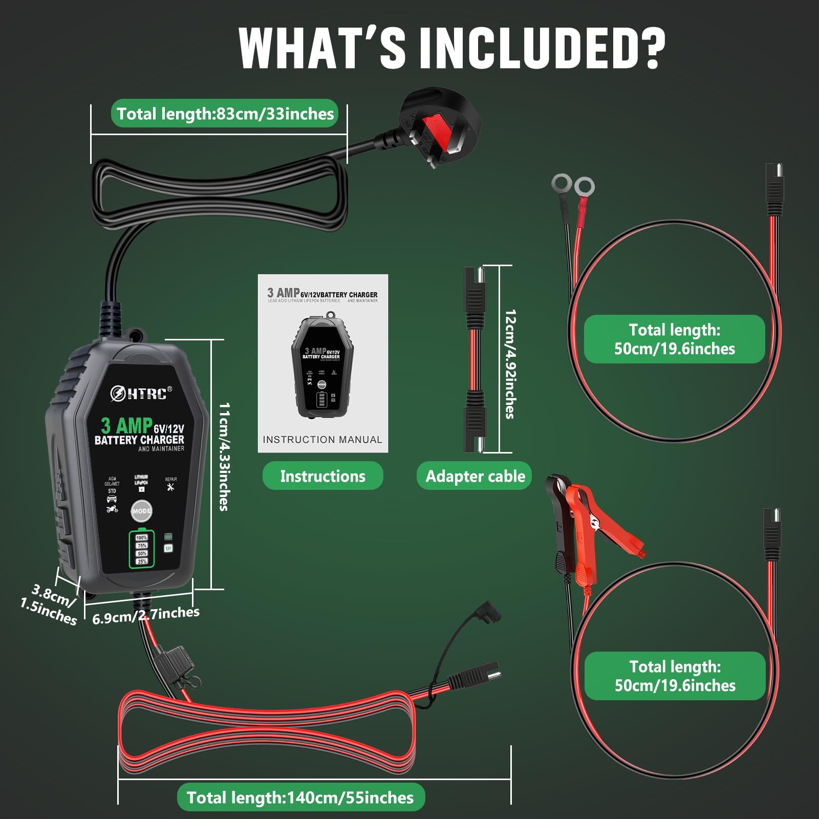 HTRC Cargador de batería inteligente de 3 A de 6 V/12 V, cargador automático de goteo y mantenedor con desulfador, compensación de temperatura, para baterías de coche, motocicleta, plomo-ácido, AGM