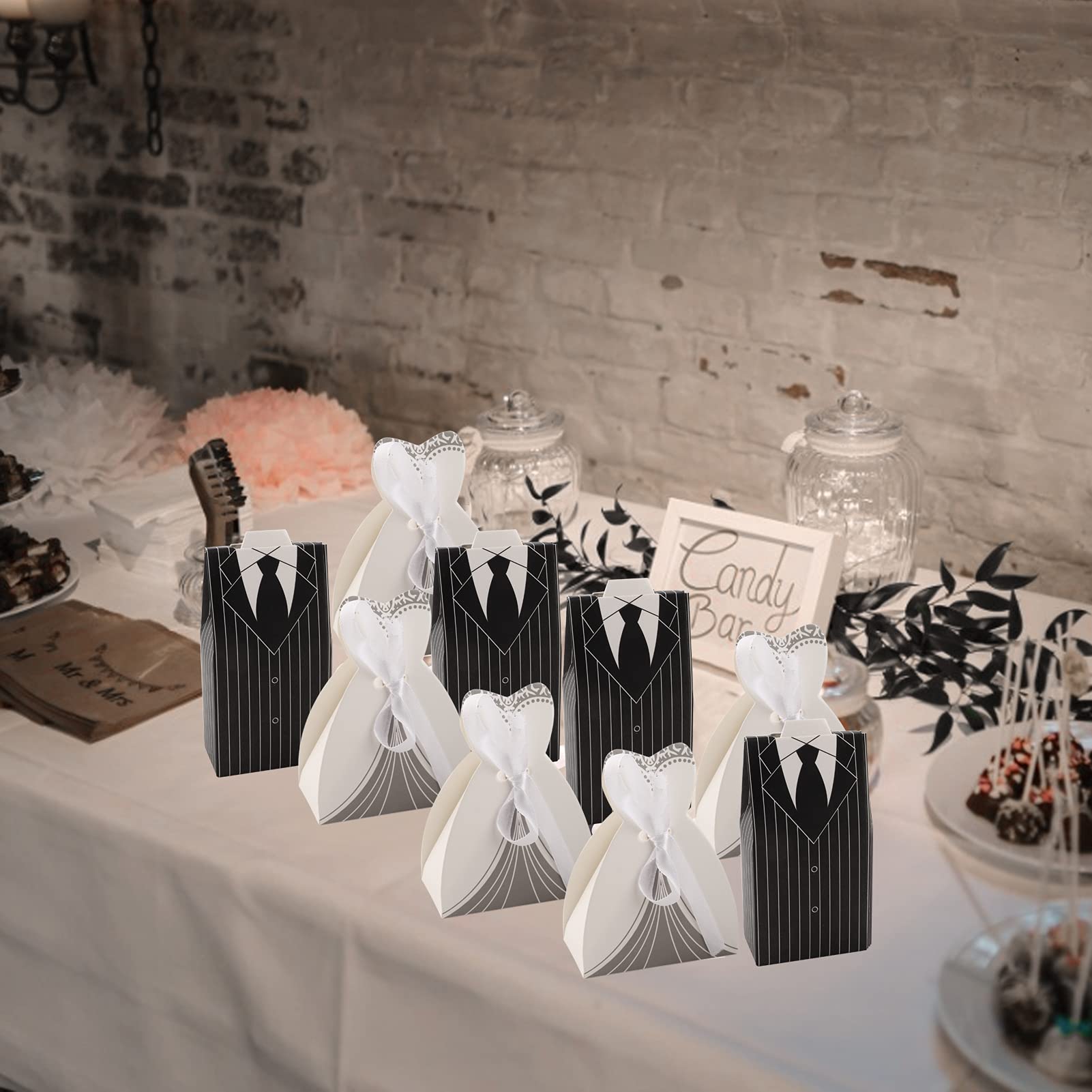 Teensery 50 Scatole Regalo Creative Per Confetti, Forma Abito Da Sposa E Smoking, Con Nastro, Per Bomboniere Matrimonio E Addio Al Nubilato