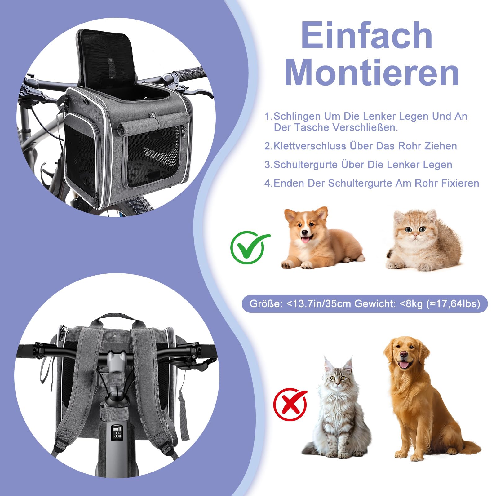 Cesta para perros delantera para bicicleta, 4 en 1, cesta para perros expandible, cesta de bicicleta para perros con 4 ventanas de malla, 4 puertas abiertas, bolsa de viaje para gatos pequeños y