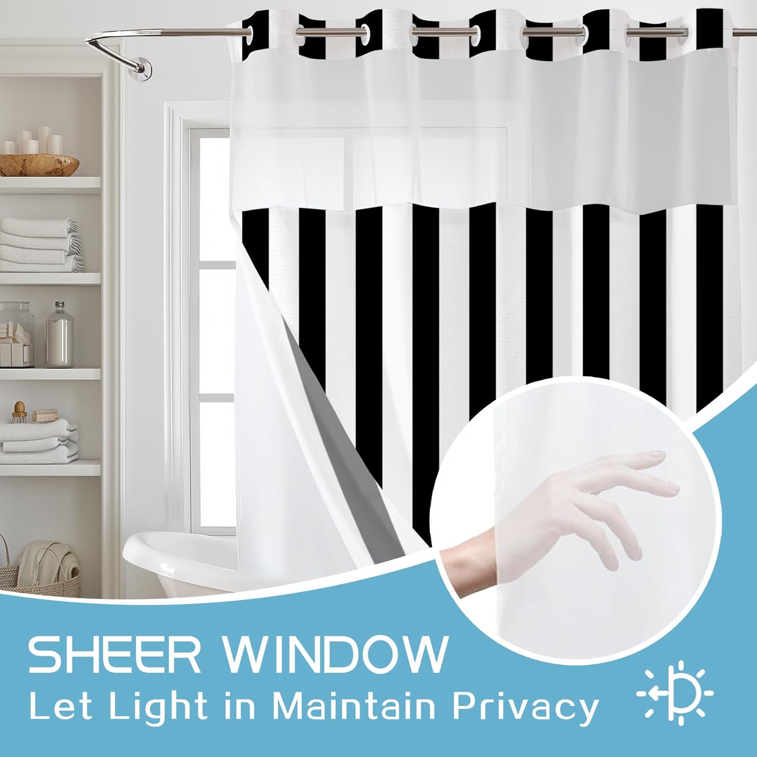 LB No Hook Shower Curtain with Snap in Liner Minimalist Black and White Striped Shower Curtain for Bathroom Abstract Stripes Bathroom Curtains Shower Set, 72x74 inches Shower Curtain and Liner Set