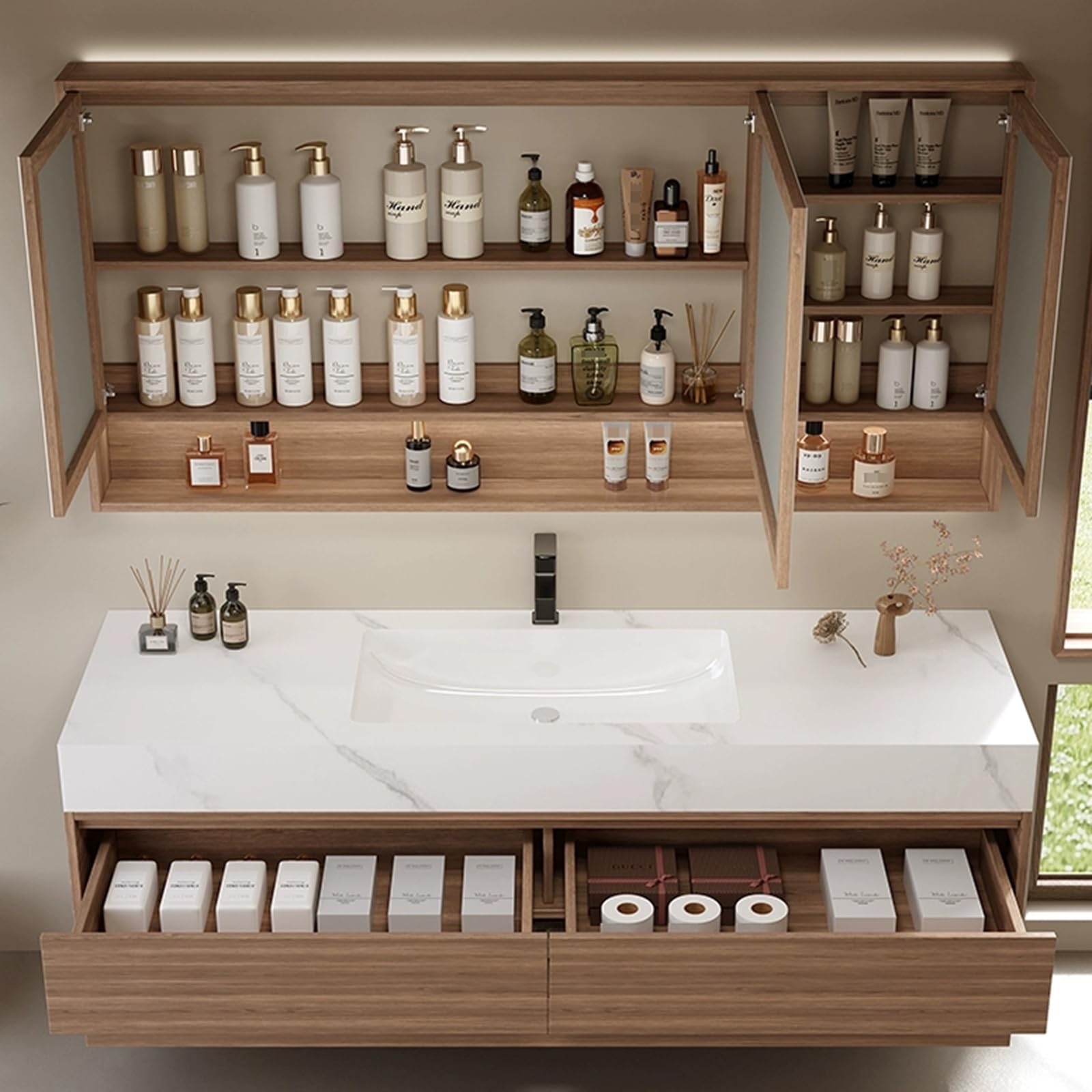 Mobile da Bagno Sospeso con Lavabo, Design Elegante E Classico, Set di Mobili da Bagno con Lavabo, ArmadiettoBrown,180cm/71in
