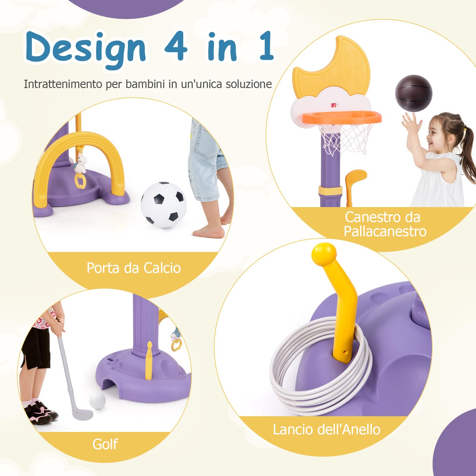 COSTWAY 4 in 1 Canestro da Basket per Bambini, Centro di Attività Sportiva Regolabile con Basket Calcio Golf e Gioco del Lancio dell'Anello, per Interno ed Esterno, 3 Anni+ (Giallo)