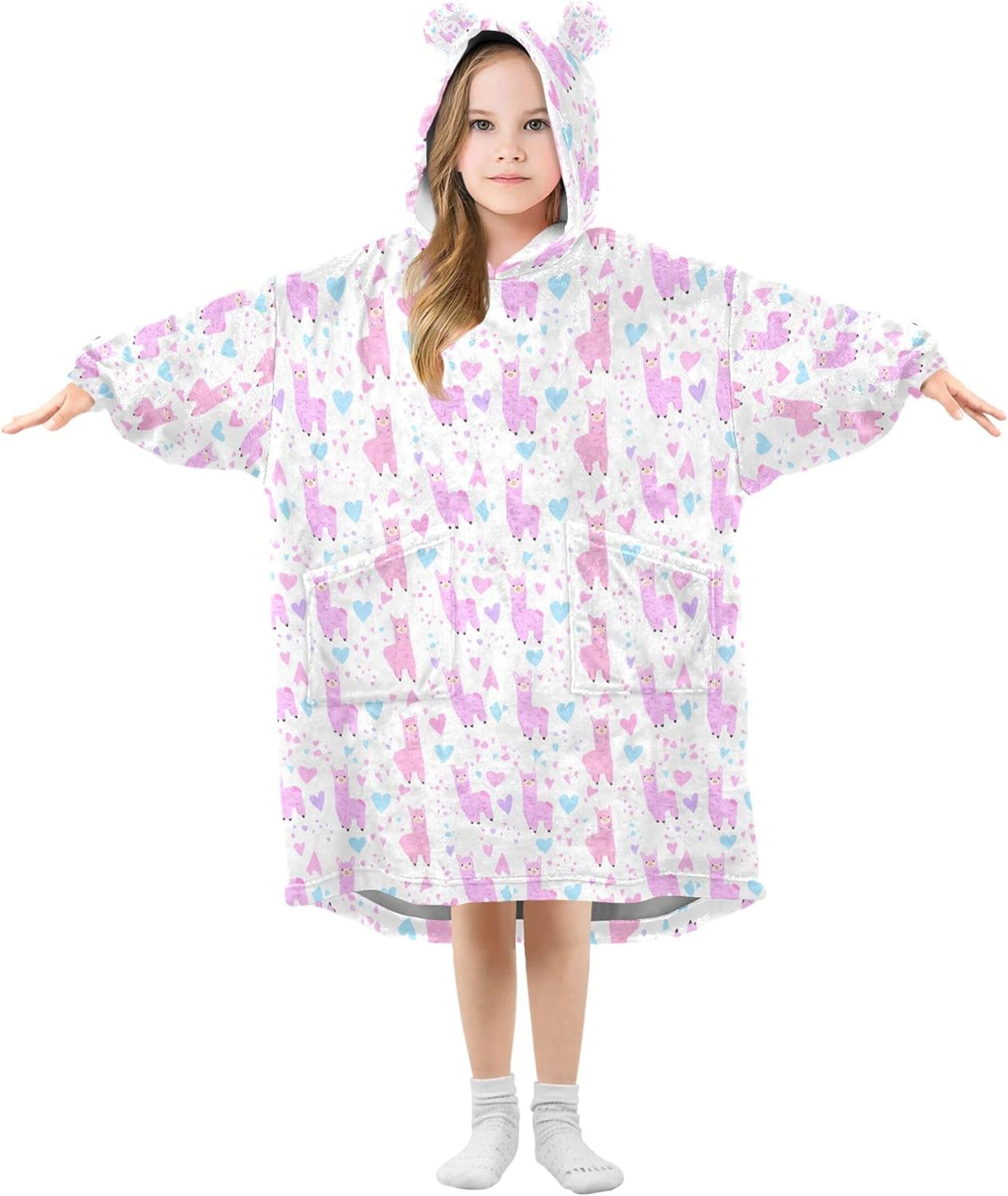 Cute Alpaca Kids Wearable Blanket Hoodie with Pocket and Sleeves for Toddlers, Cute Hoodies Girls Boys B0404049