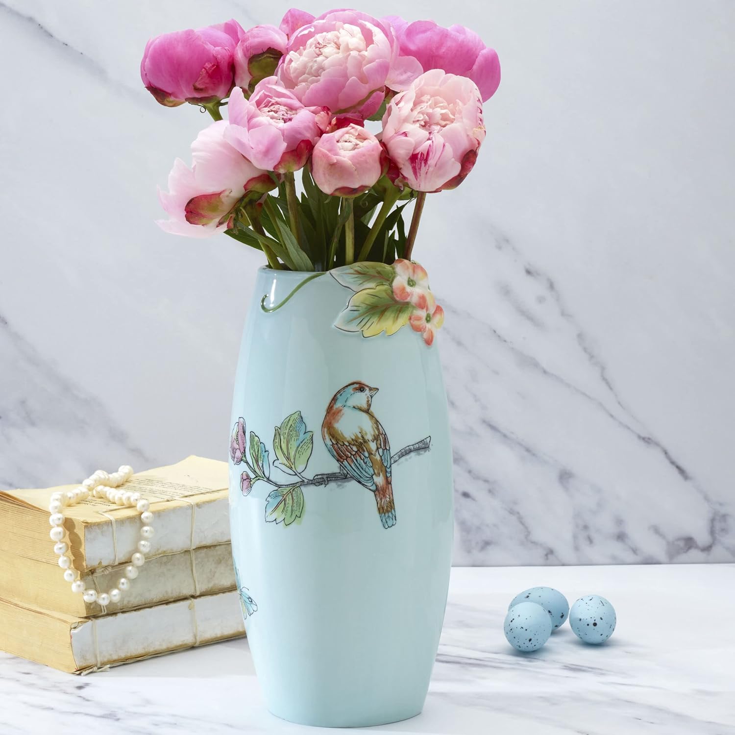 Fitz & Floyd Fitz and Floyd English Garden Ceramic Flower Vase, 10.25 Inch, Blue