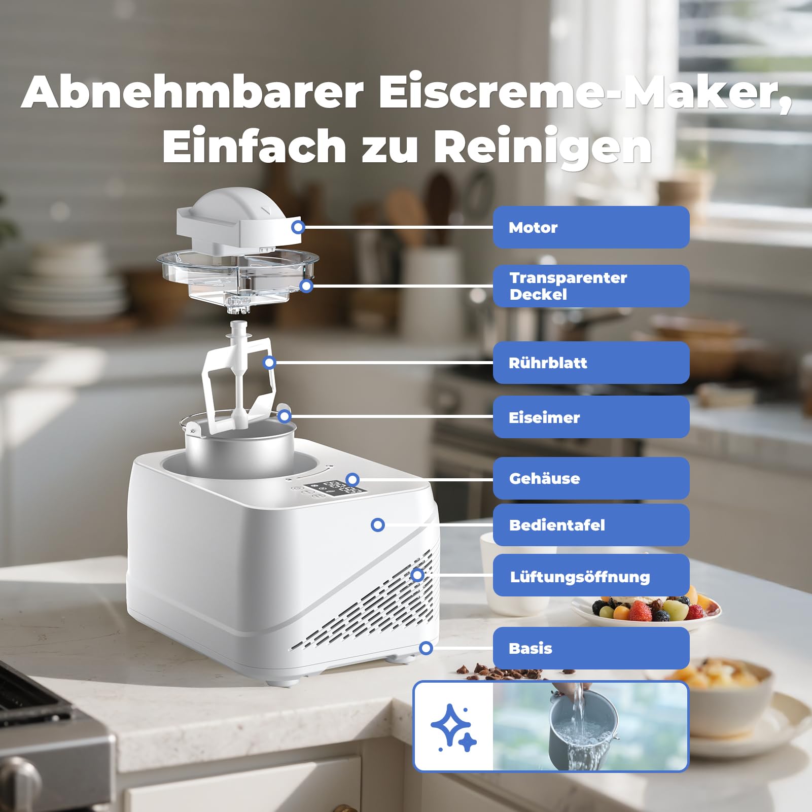Eismaschine mit Kompressor 1L, Selbstkühlend, Entnehmbarer Eisbehälter, Weiß