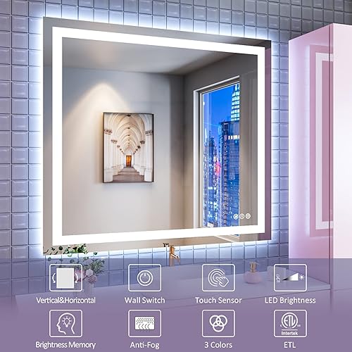 Miniatura 4 de Amorho Espejo de baño LED de 40 x 36 pulgadas con luz frontal y retroiluminado, espejos de pared regulables sin escalones con antiempañamiento, a
