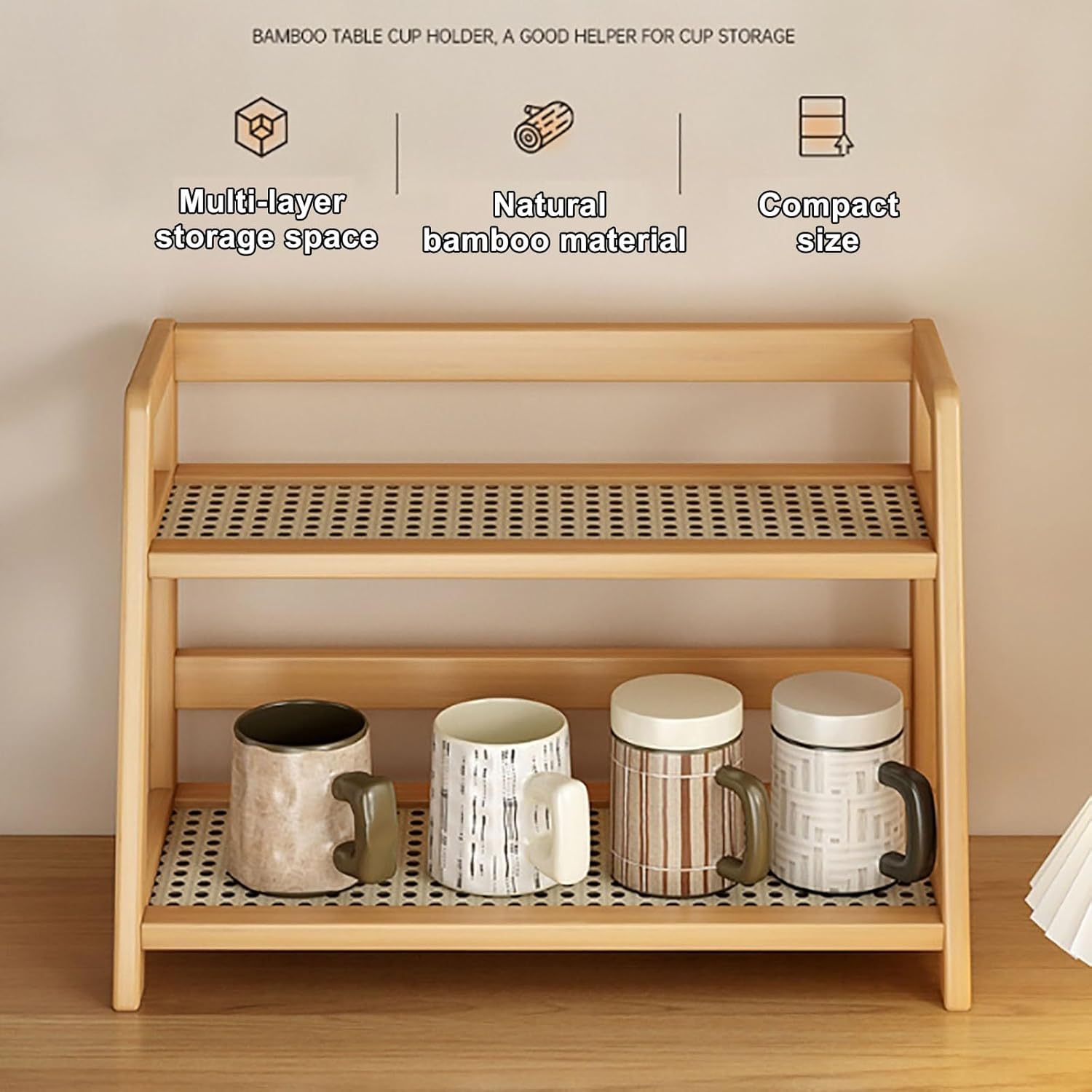 2-Tier Bamboo Coffee Mug Organizer, Multi-Purpose Tea Cup Holder Rack for Kitchen & Bathroom, Natural Wooden Storage, 15.3"x6.9"x11.2" - Space-Saving Design